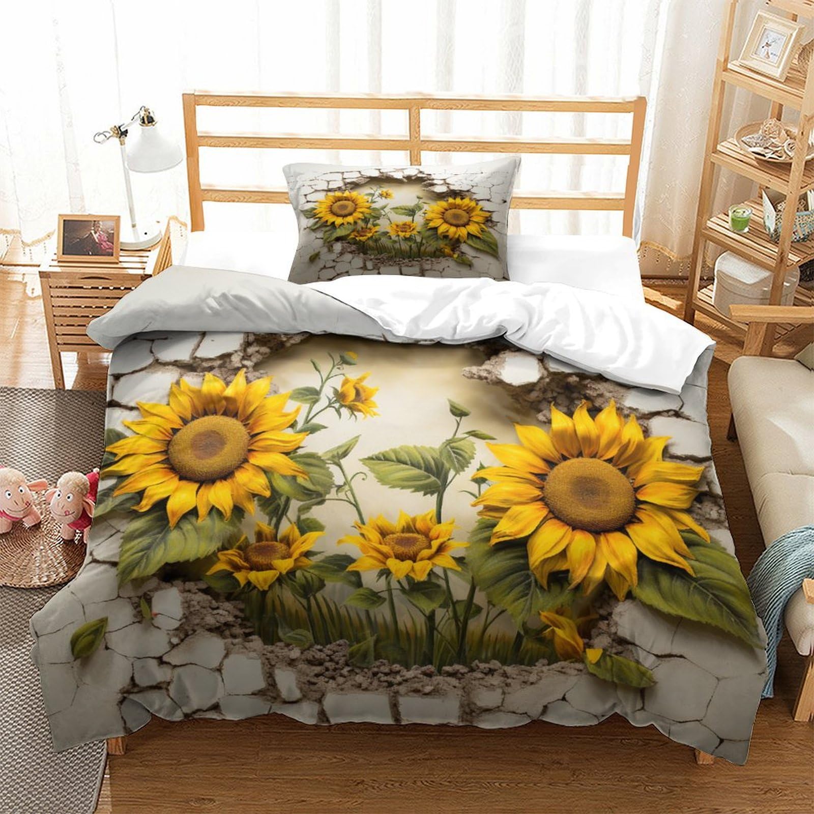 P1S9U7W5Y Realistic 3D Printed Sunflower Cracked Wall Design Duvet Cover Set 3 Pieces Microfiber Bedroom Decor Sunflower Bedding Set Soft Breathable for Adults/Teens Single（135x200cm）