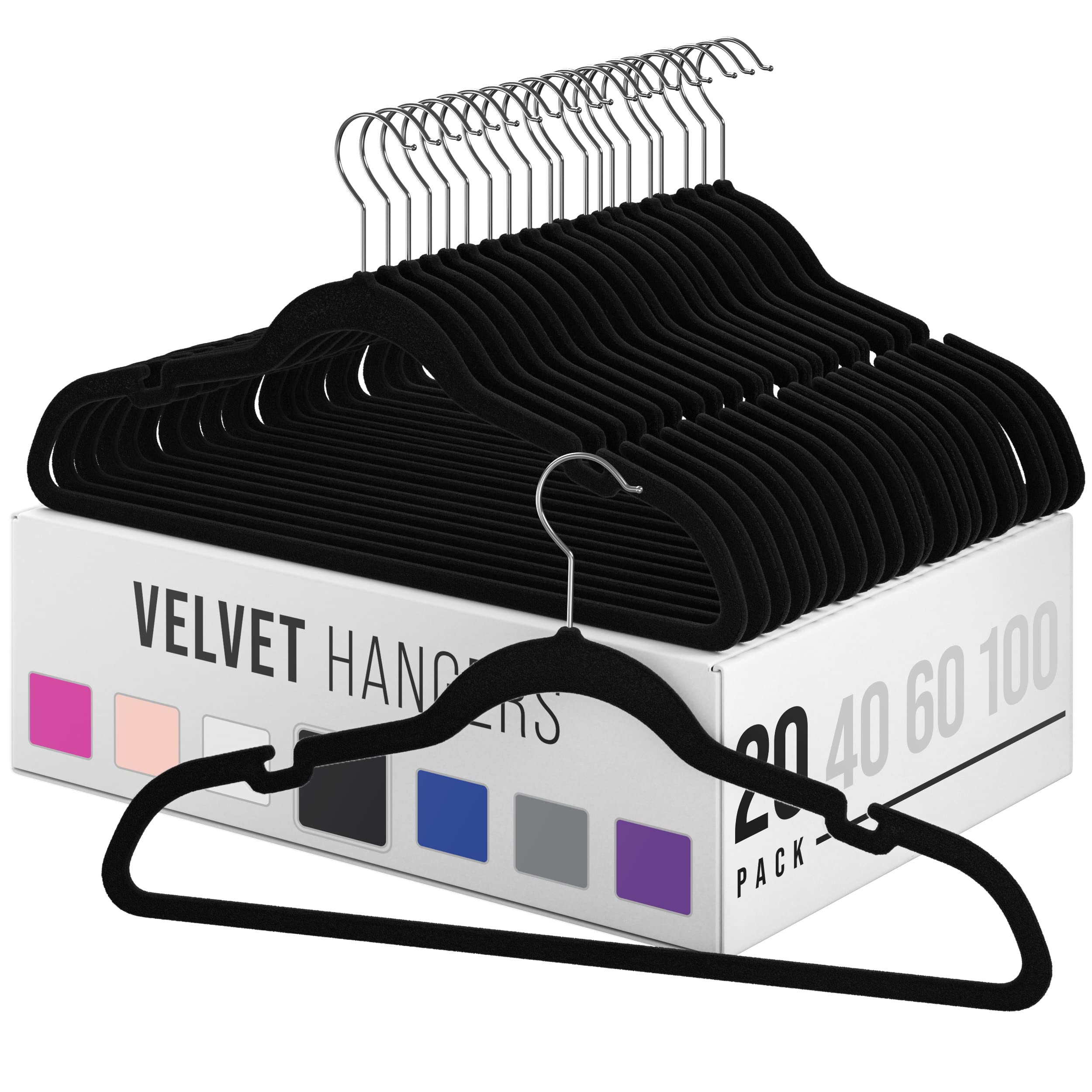 Velvet Clothes Hangers - Heavy Duty Durable Coat Hangers (20, 40, 60, 100 Packs) | Vibrant Color | Lightweight Space Saving Laundry (20 Pack - Black)