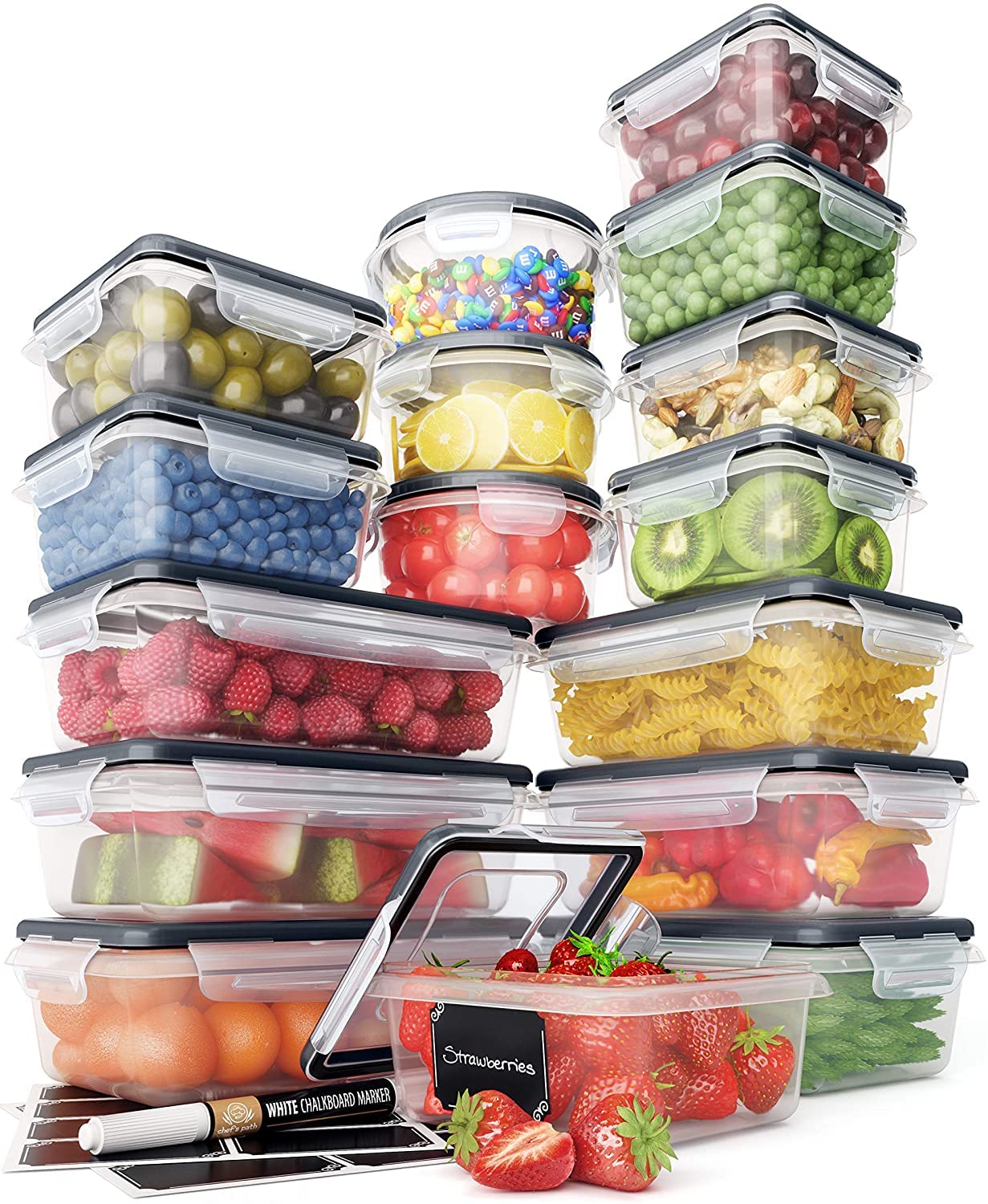 MIXDE32 Piece Food Storage Containers Set with Easy Snap Lids (16 Lids + 16 Containers) - Airtight Plastic Containers for Pantry & Kitchen Organization - with Free Labels & Marker (16)