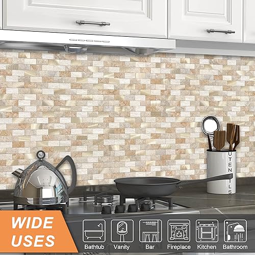 Miniatura 4 de VAOVI Azulejos autoadhesivos para salpicaduras de cocina, azulejos de metro, despegar y pegar, para salpicaduras de baño (10 hojas, oro marrón)