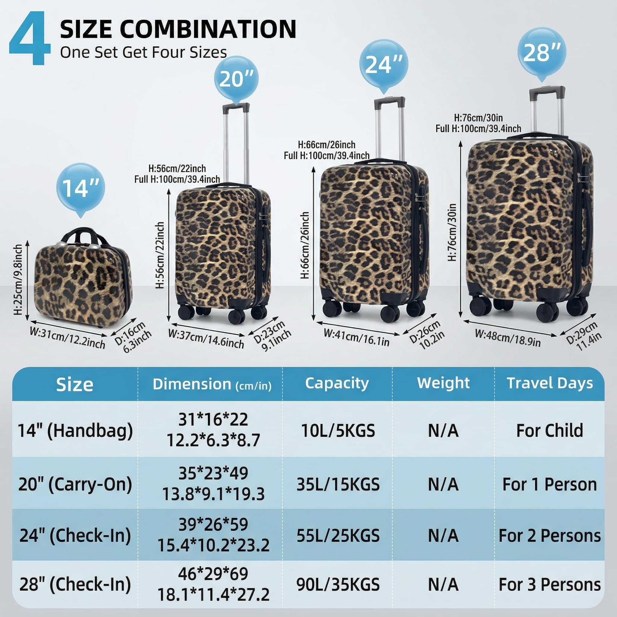 Set di valigie con motivo leopardato, dotato di ruote universali silenziose e trolley telescopico (Marrone(14+20+24+28))