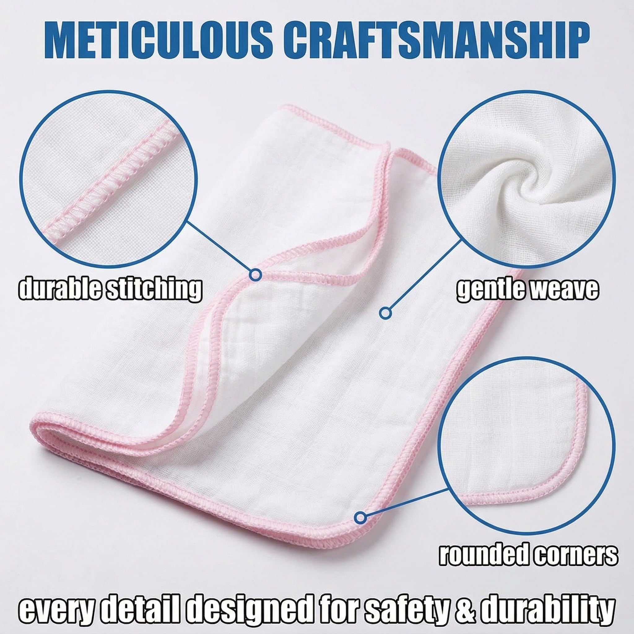 8X Lingette Bebe Gants Toilette Flanelle Coton Bio - Bords Blanc Rose Bleu Jaune - Lavables Standard