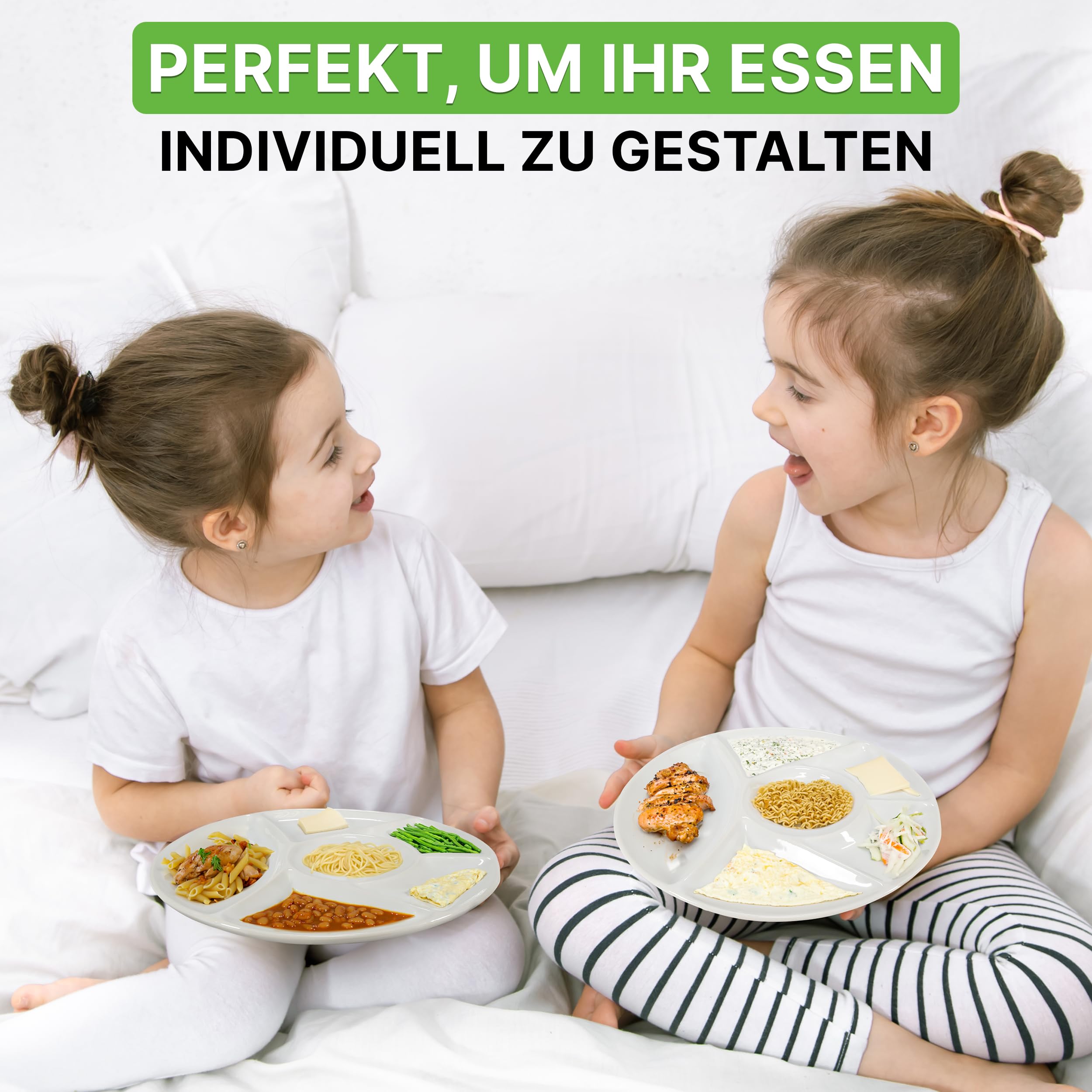 Oramics Fondueteller Porzellan Fondue Teller mit Unterteilung 23 cm rund weiß - Racletteteller Grillteller Snackteller mit Fächern - BBQ Raclette Menüteller Servierteller mit 6 Einteilungen (8er Set)