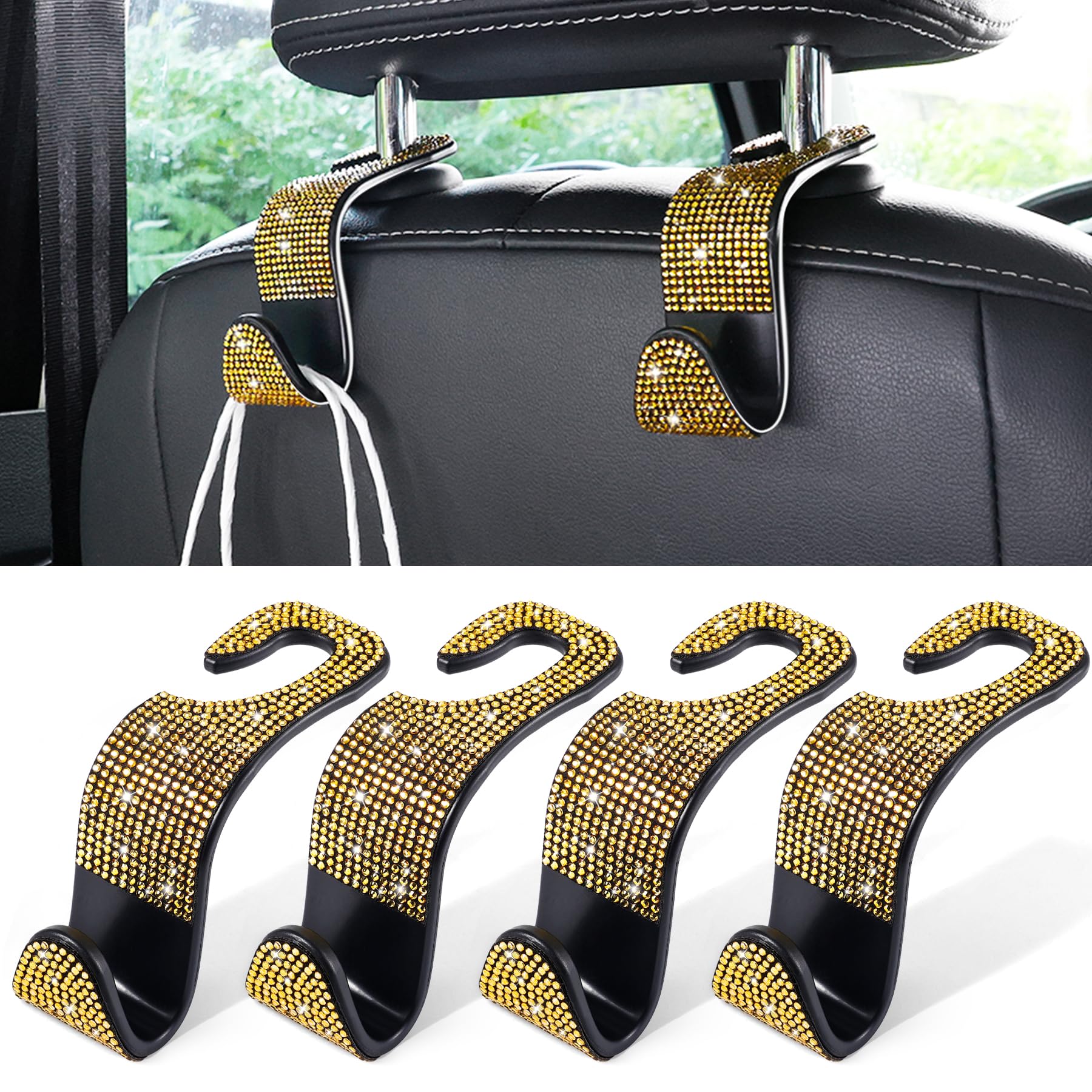 LivTee Car Seat Headrest Hook, Auto Seat Hook Hangers Storage Organizer Interior Accessories for Purse Coats Umbrellas Grocery Bags Handbag, 4-Pack(Bling Gold)