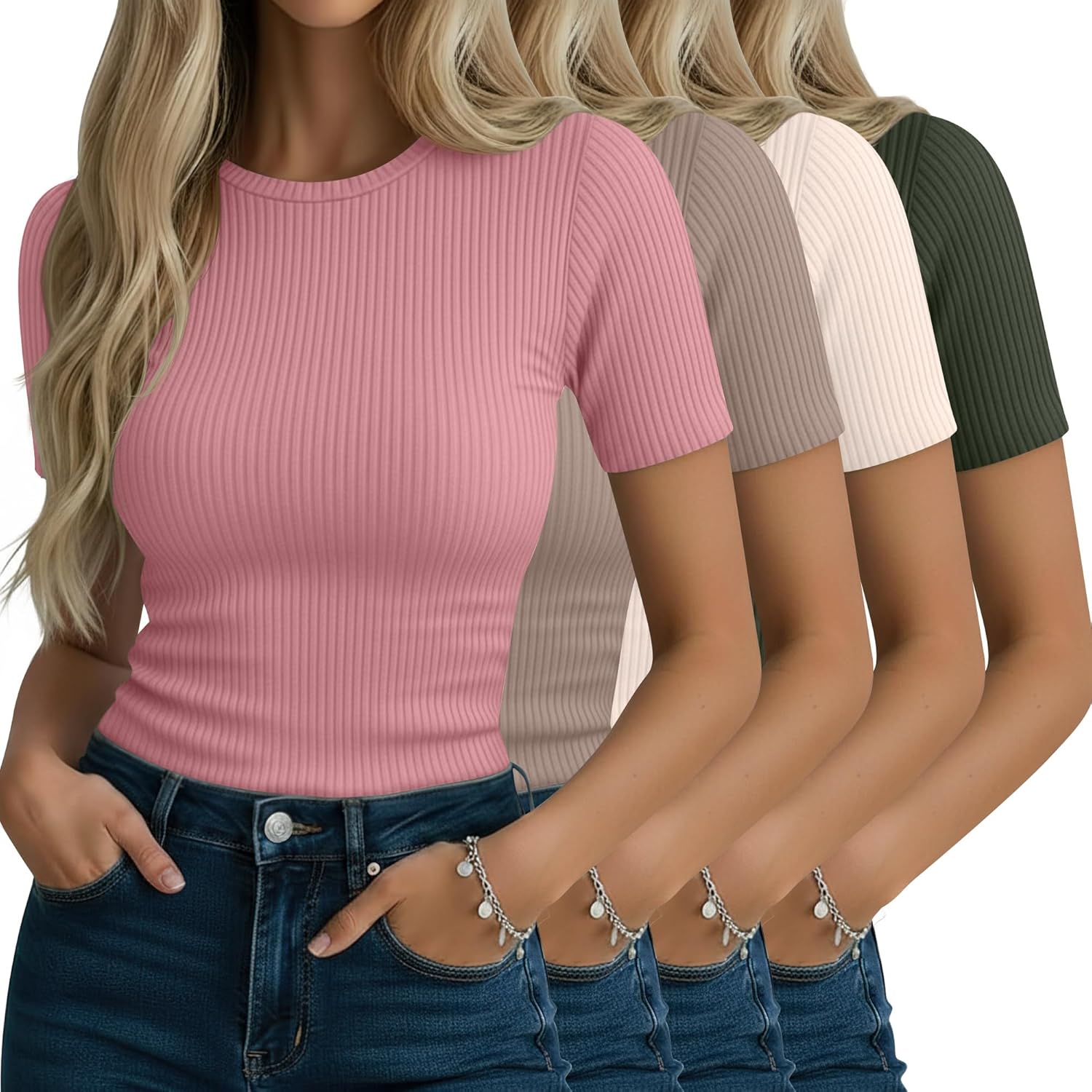 Neer 4 Pack Women's Short Sleeve T-Shirts Cotton Slim Fitted Ribbed Tops Crew Neck Summer Casual Shirt Basic Tight Tees 2026