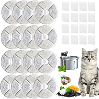 16 Pcs Cat Water Filters Kit Compatible with FEELNEEDY FN-W08L Fountain | Coconut Shell Activated Carbon & Ion Exchange Resin Filter Refills with 16 Pack Filters & 16 Pump Sponges for Pet Drinking