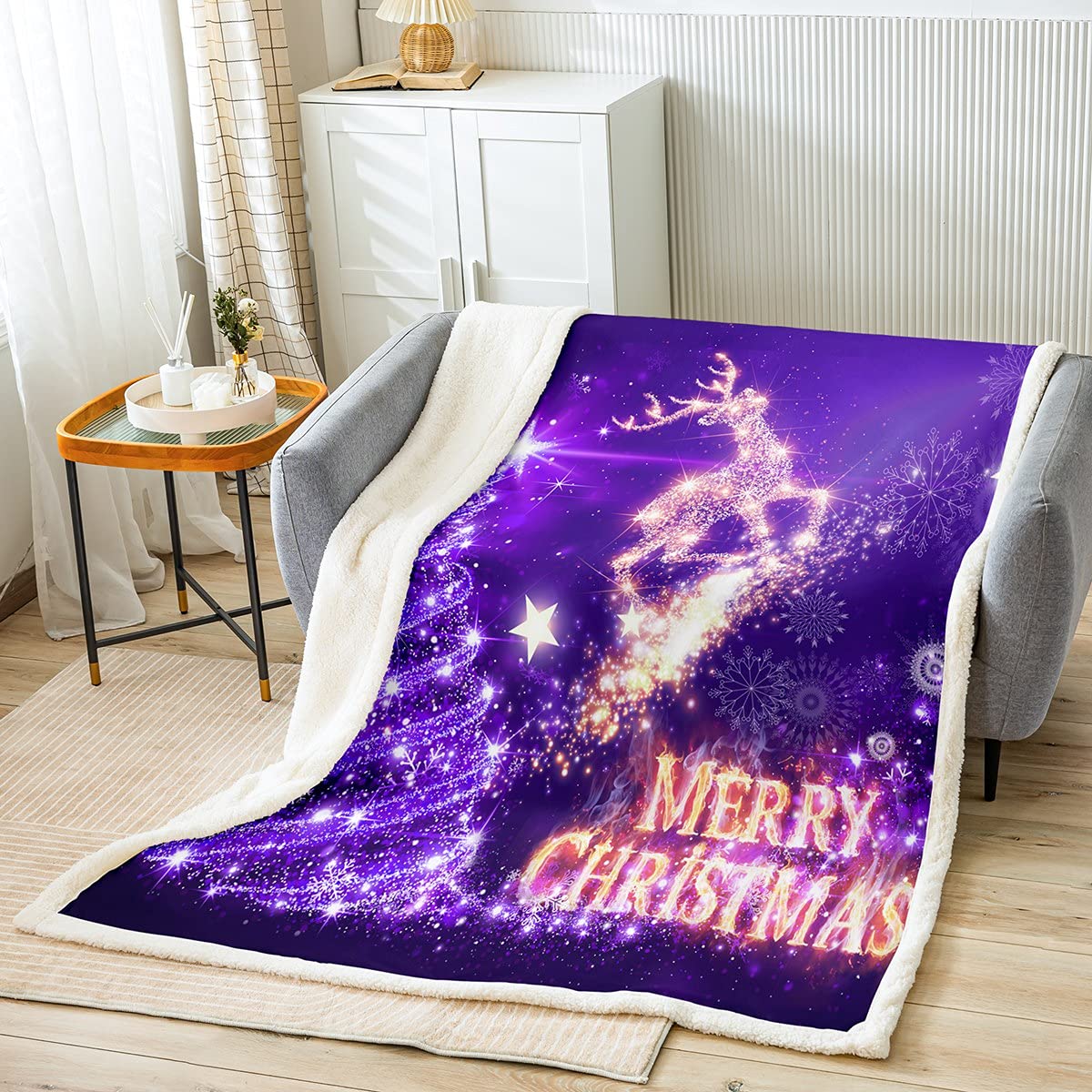Loussiesd Christmas Sherpa Blanket Christmas Tree Deer CCCCCs and Throws Xmas Holiday Fleece Throw Blanket Lightweight for Bed Sofa King 87x94 Inch Purple — image 1