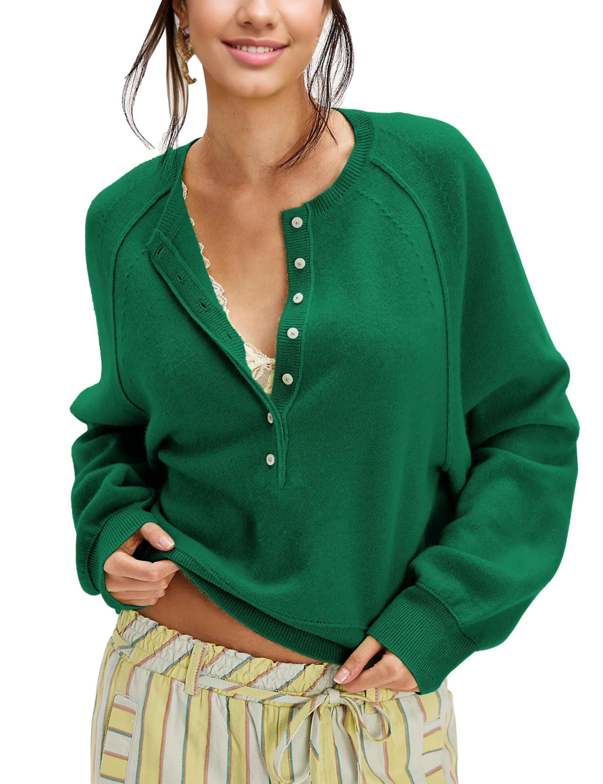 Womens Half Button Down Pullover Knit Sweater Casual Henley Long Sleeve Tunic Tops Loose Fit Trendy Outfits