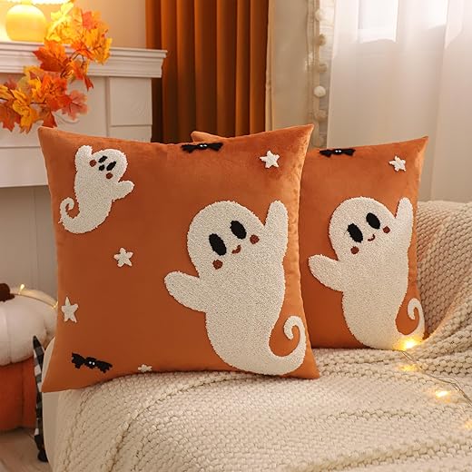 Halloween Throw Pillow Covers 18x18 inch Set of 2 Halloween White Spooky Ghosts Embroidered Pillow Cases Thanksgiving Home Party Fall Decor Pillowcases Square Orange Velvet Cushion Covers