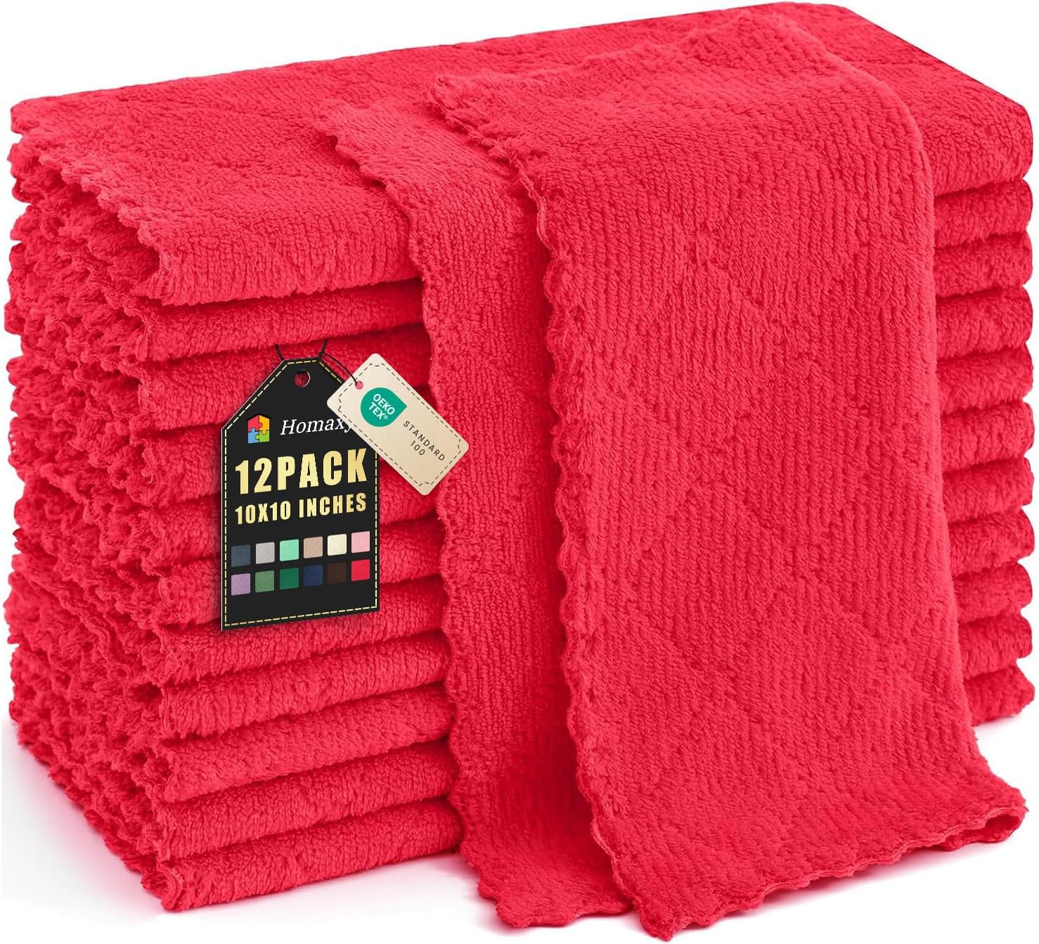 Homaxy 12 Pack Kitchen Dish Cloths (10 x 10 Inches, Red), Super Soft and Absorbent Coral Velvet Dish Towels, Nonstick Oil Fast Drying Microfiber Cleaning Cloth, No Lint Household Dishcloths