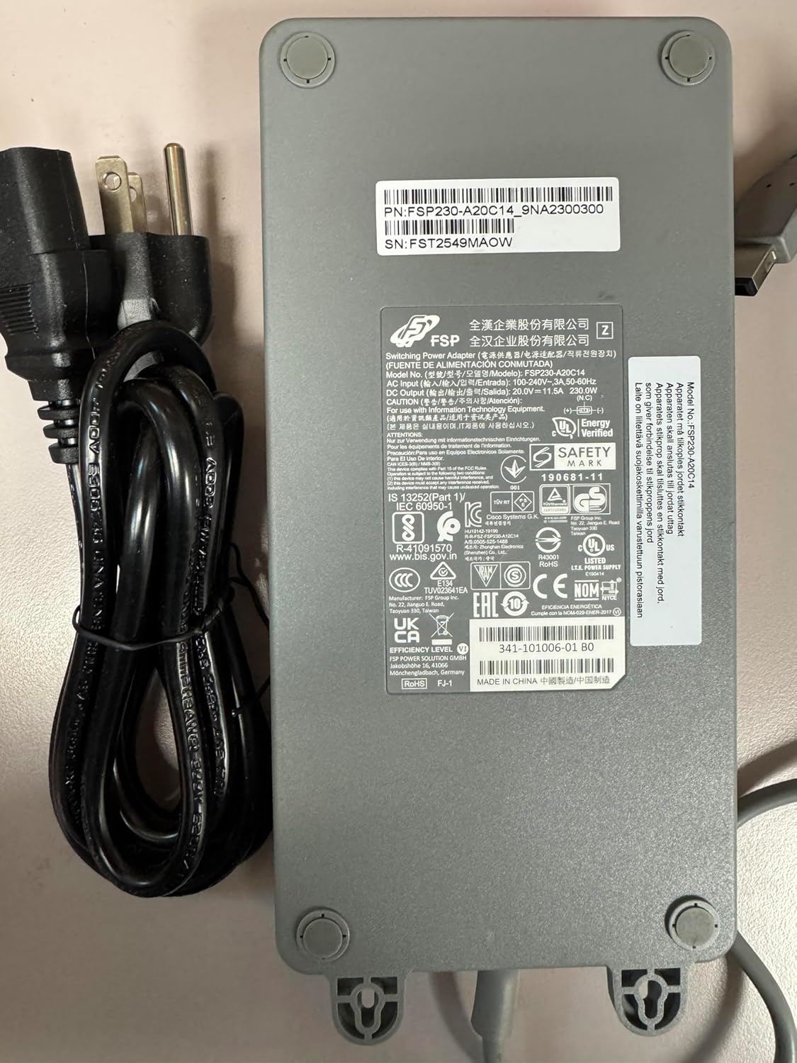 Genuine 20V 11.5A 230W Rectangle-Pin AC Adapter Compatible with FSP FSP230-A20C14 341-101006-01 for Cisco CS-PWR-Cube-7 Camera Power Supply