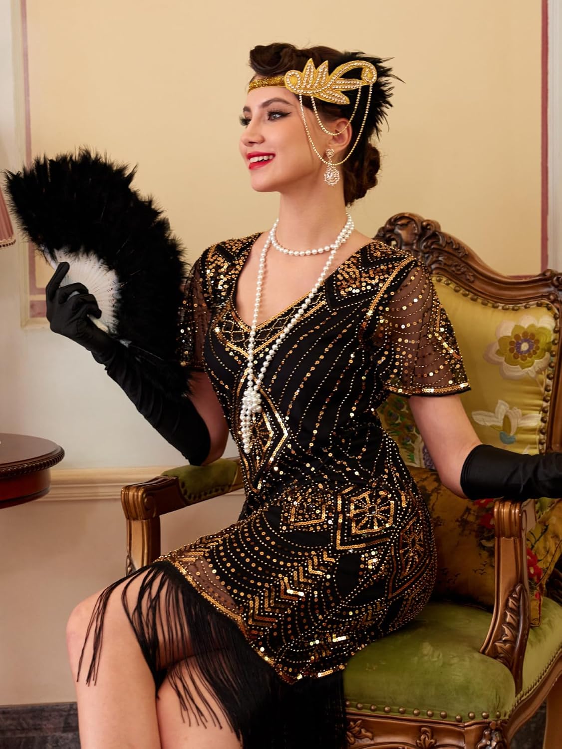 1920s Dresses for Women, Great Gatsby Dresses Roaring 20s for women, Sheer Beaded Sleeves Costume with accessories - Image 5