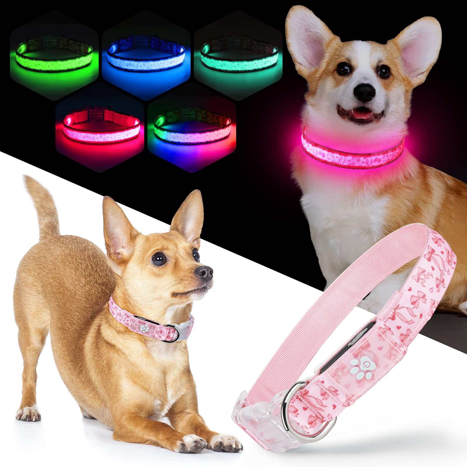 LED Dog Collar with Cute Bow Print - 5 Colors & 3 Glowing Modes, USB Rechargeable Light Up Collar, Glow in the Dark Safety Collar for Night Walking for Small Medium Large Dogs (Pink, L)