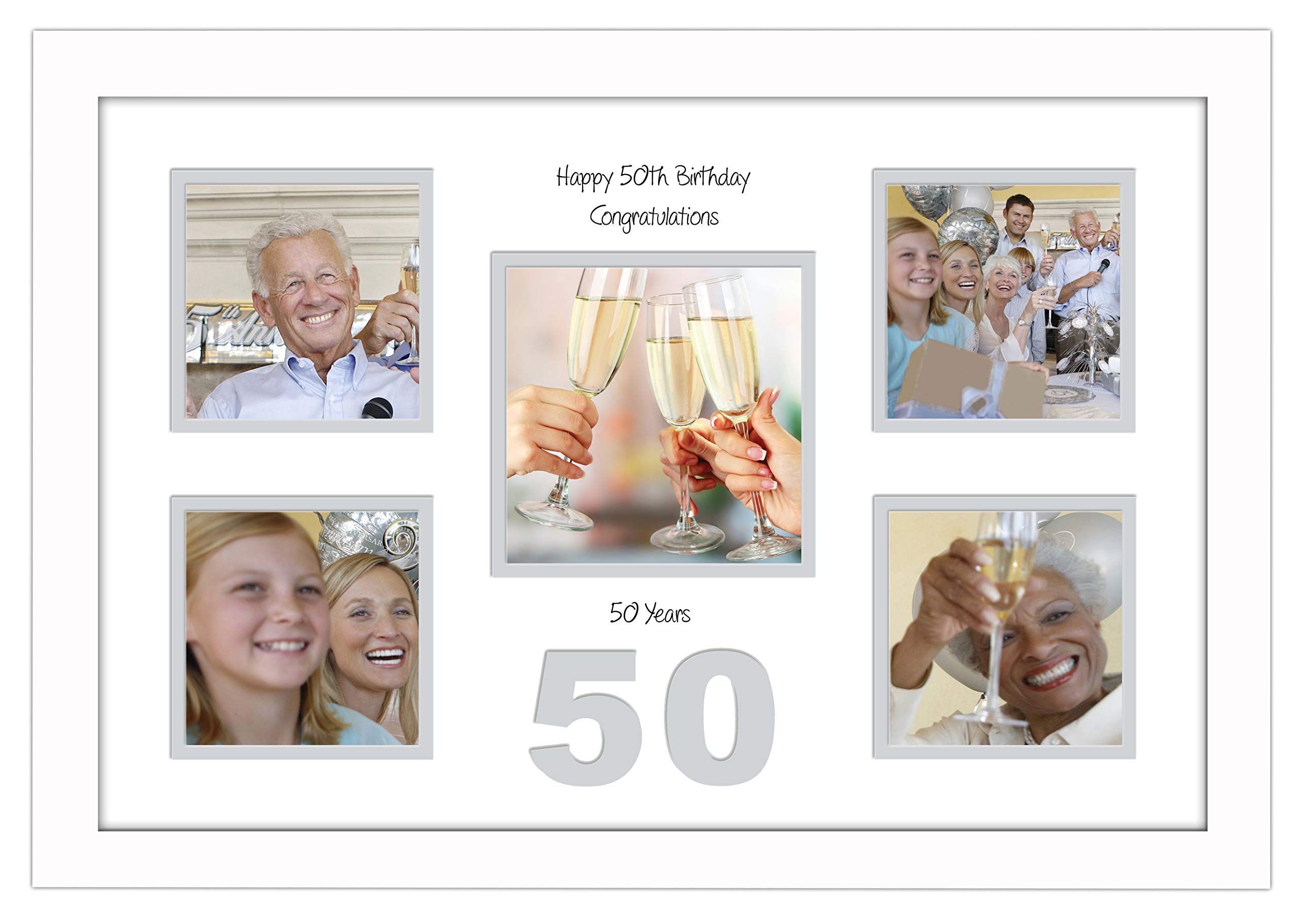 Photos In A Word White Finish Frame White Mount Grey Inside 50Th Birthday Photo Frame 4"X4" X4 And 5"X5" Photo 968D (White Finish Frame White Mount Grey Inside)