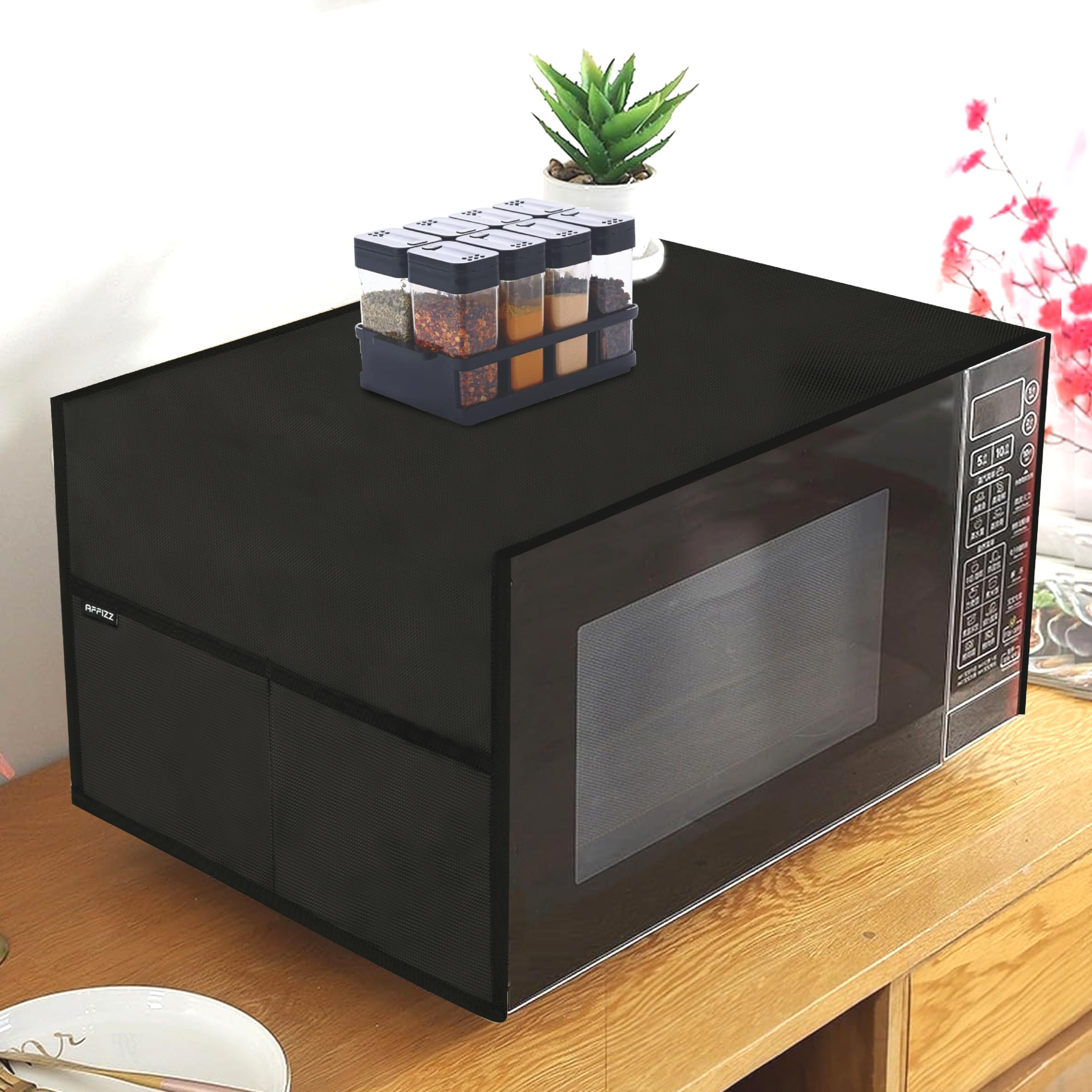 AFFIZZ Microwave Oven Cover for Kitchen Decor - Polyester Waterproof & Dustproof Top Cover with 4 Side Pockets for Kitchen Accessories - Black (100 x 30)