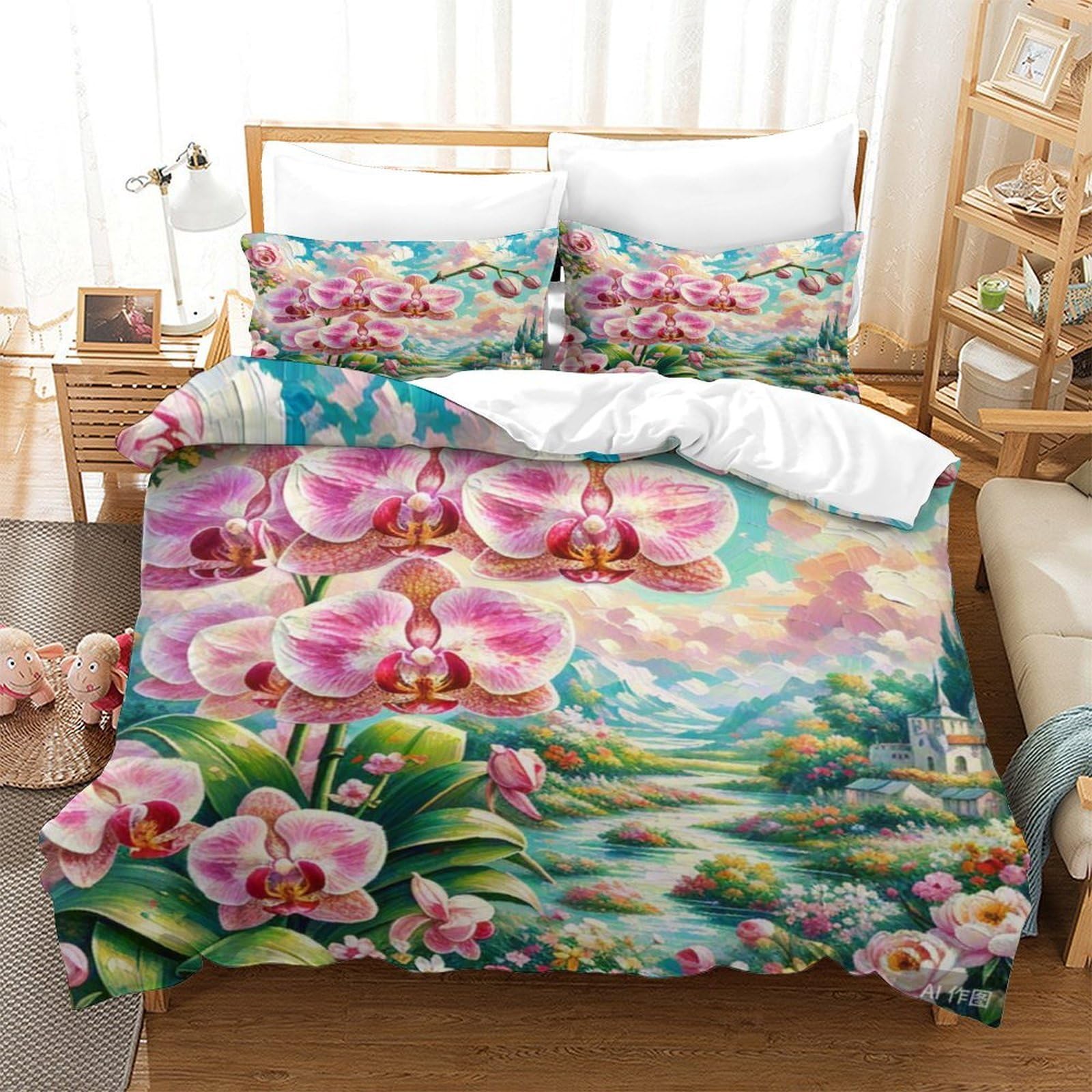 Housse de couette orchidée anti-plis lit enfant 140x200 parure microfibre facile à laver