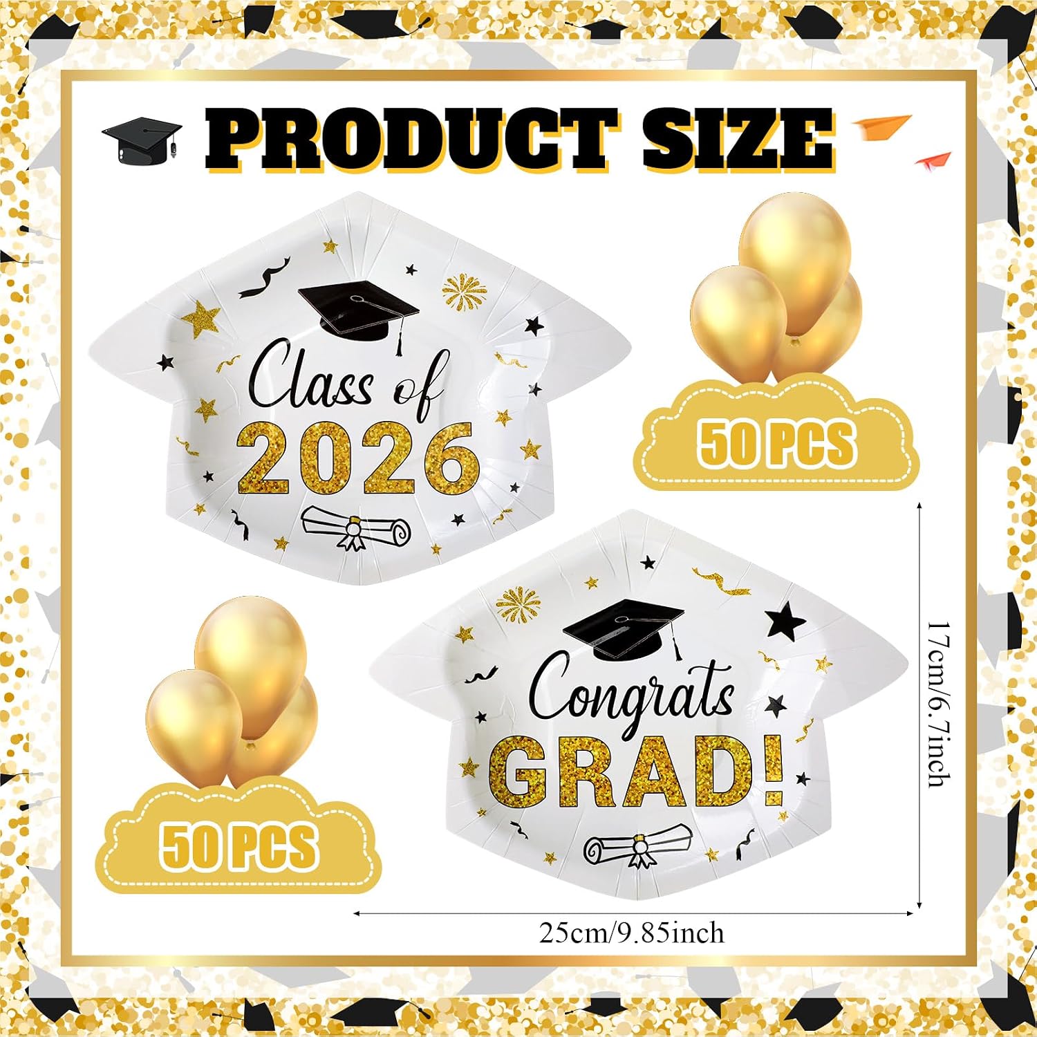 Havawish 100 Pcs Graduation Cap Paper Plates Disposable 2026 Graduation Party Plates 9.8 x 6.7 inch Congrats Grad Paper Decorative for Cocktail Party Favors Supplies, Serve 100(White)