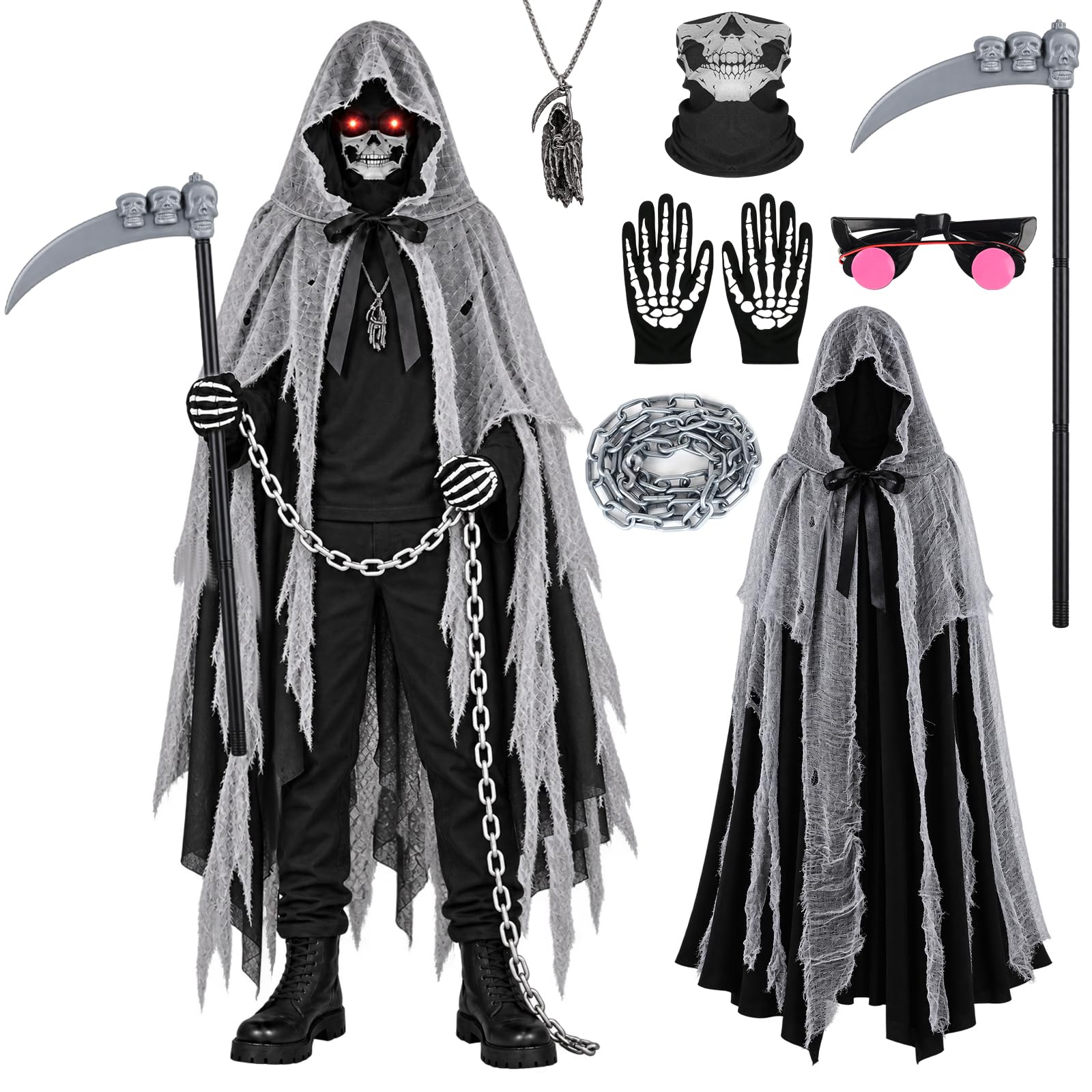 Costume Halloween Bambino Adulti Unisex Vestito Mietitore Pauroso con Falce, Teschio Maschera, Occhiali Luminosi e Guanti Scheletro Capo Nero Grigio con Cappuccio per Cosplay Halloween Carnevale