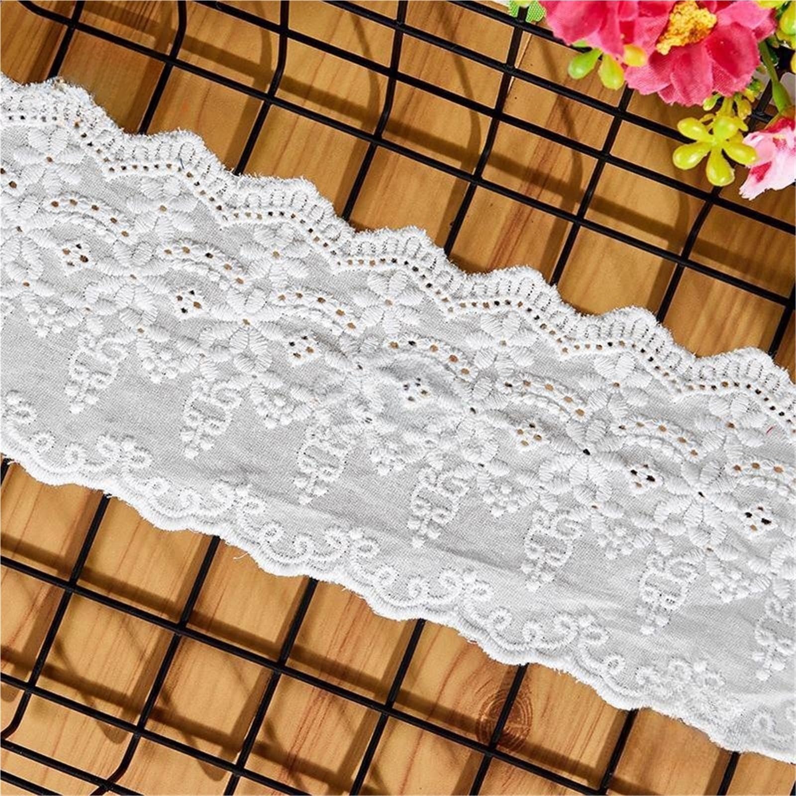 Cinta De Encaje De Algodón Con Ojales Adorno de encaje bordado algodón puro, 5 yardas, 8CM ancho, ropa mujer, vestido, accesorios tela for costura Diy(Beige,14.5-15Yards)
