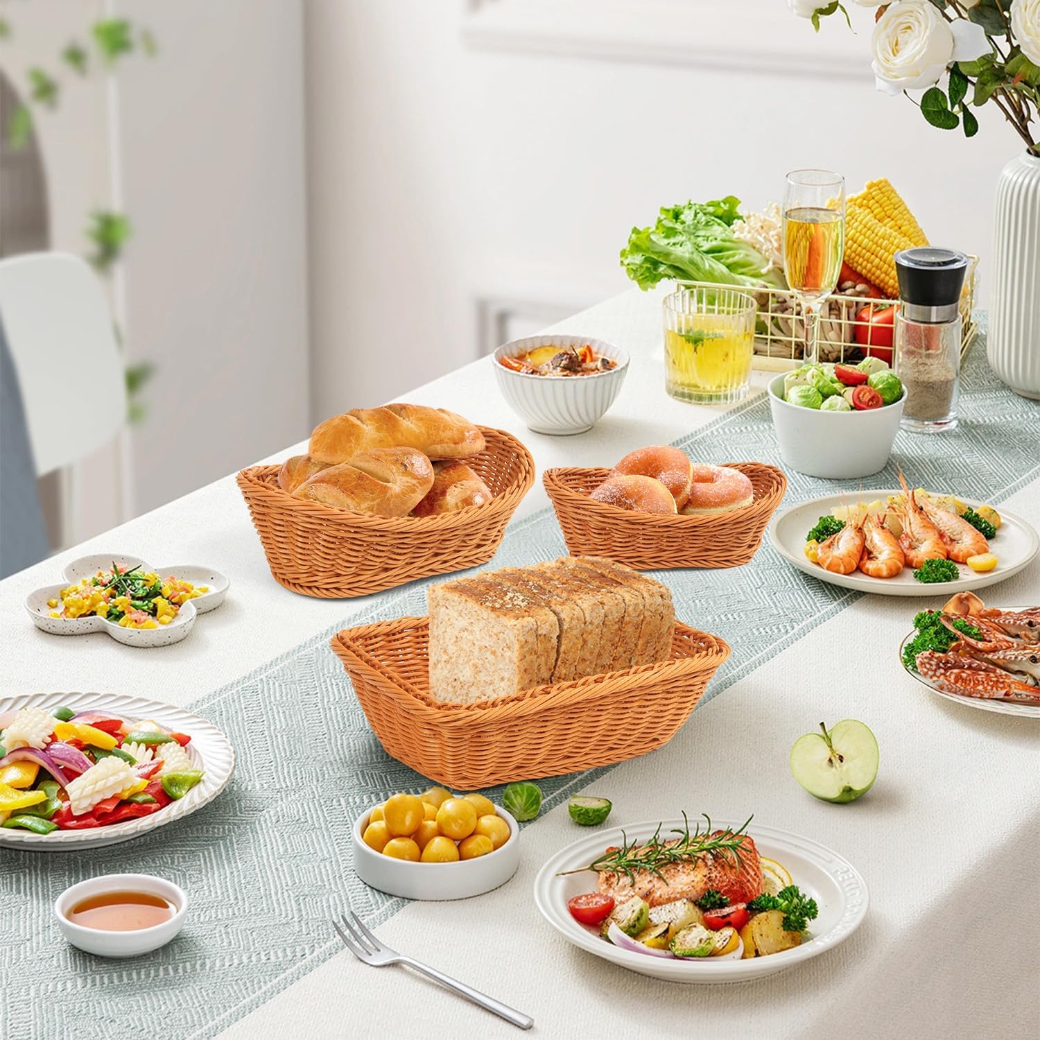 Wicker Bread Basket for Serving & Snack Storage, 4 Pcs Woven Food Basket Oval & Rectangle, Food Basket Snack Storage Basket Rustic Vintage Bread Basket for Kitchen Table, Home Decor