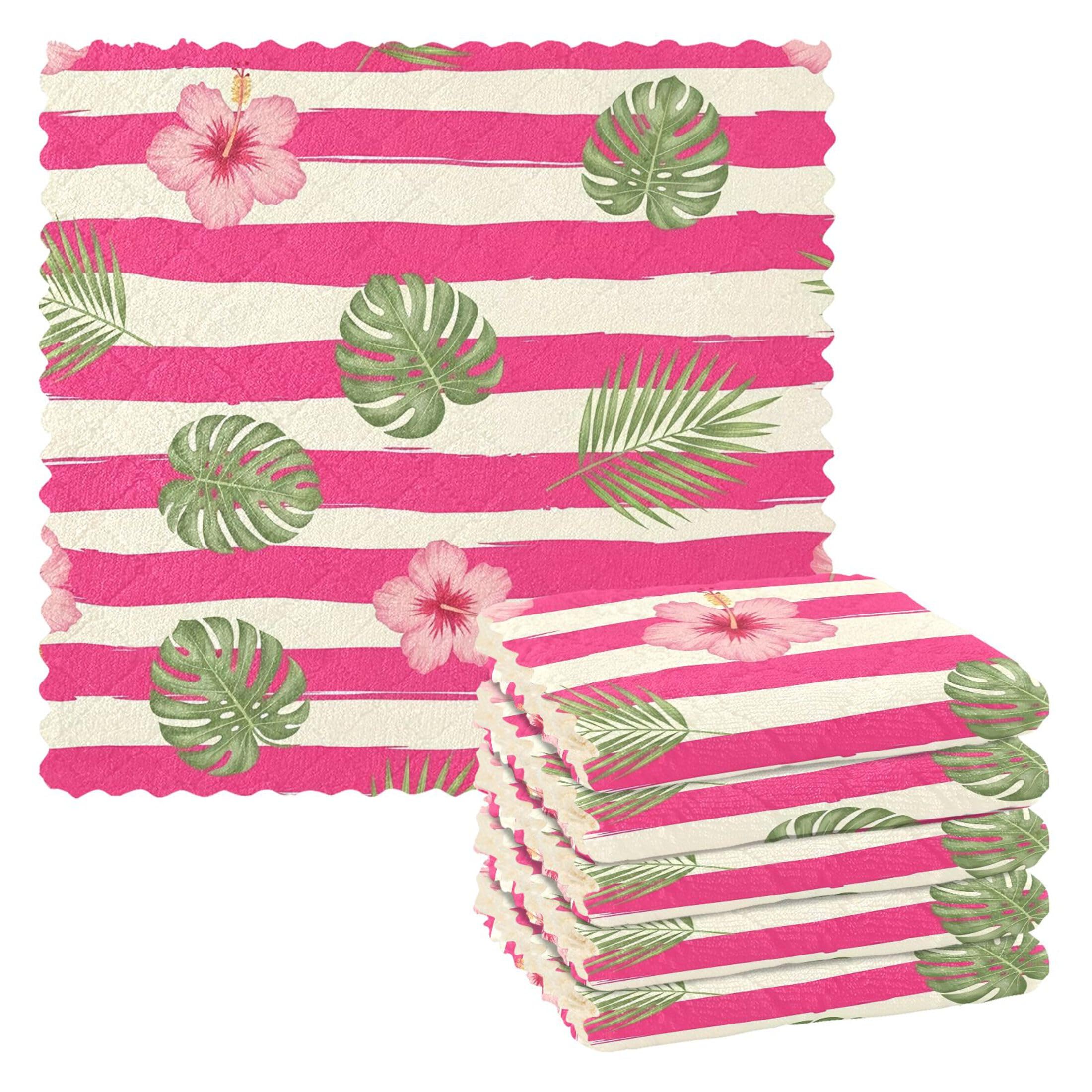 Fuauuyl Hibiscus Monstera Leaves Kitchen Dish Towel Set of 6, Soft Absorbent Washable Cleaning Cloths Dish Rags Tea Bar Drying Towels, 11x11 In
