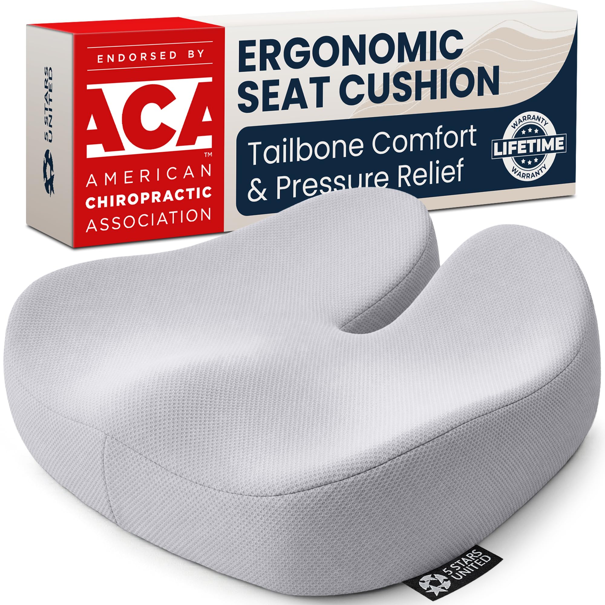 5 STARS UNITED Seat Cushion - Memory Foam Chair Cushion for Tailbone Pain Relief - Ergonomic Support for Coccyx, Sciatica &amp; Butt - Office, Desk &amp; Gaming Chair, Car Seat, Wheelchair, Light Gray Mesh