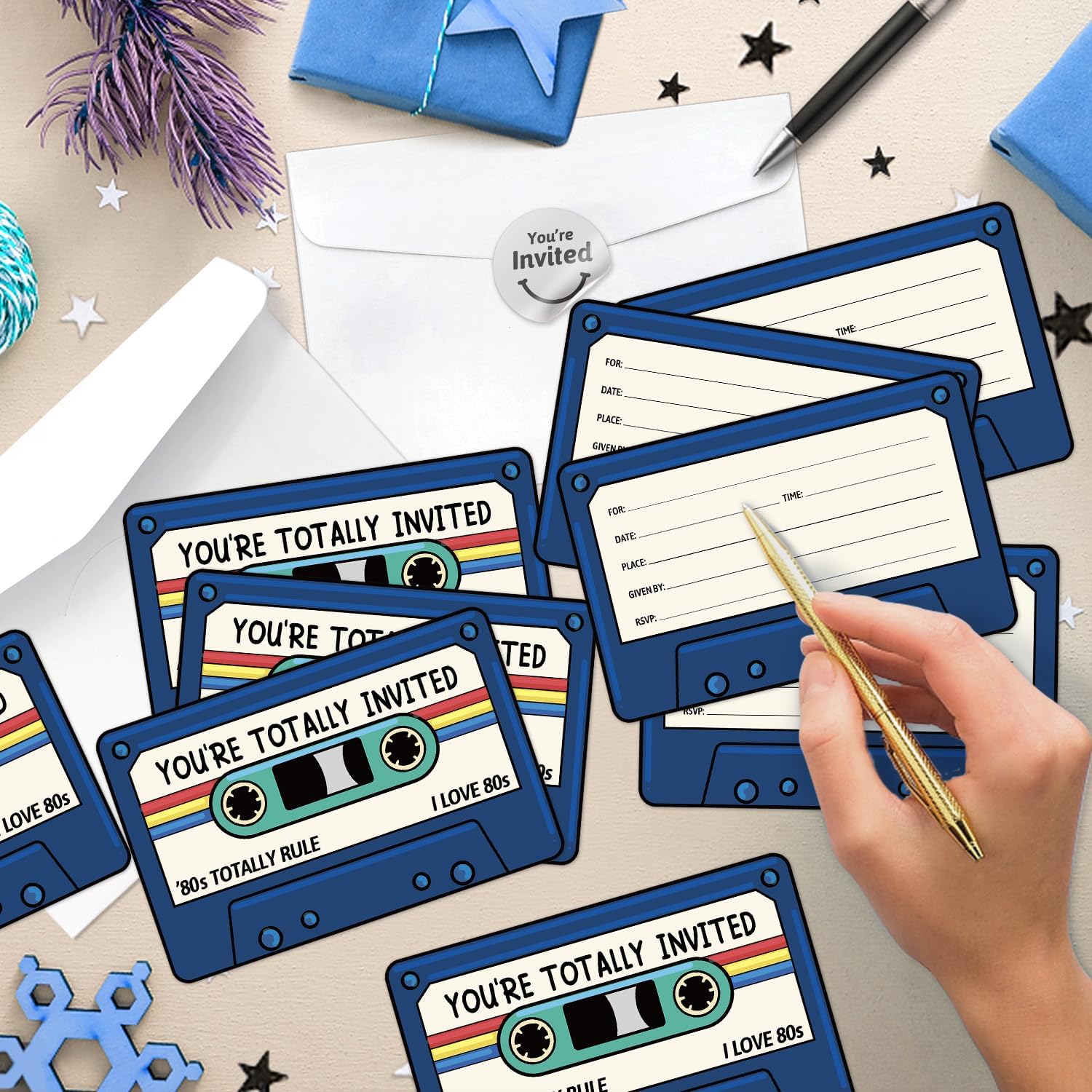80's Retro Cassette Tape Shaped Fill-In Invitations card 15 Sheets with Envelopes, 80's Birthday Party Celebration Supplies, for Women Men Adults