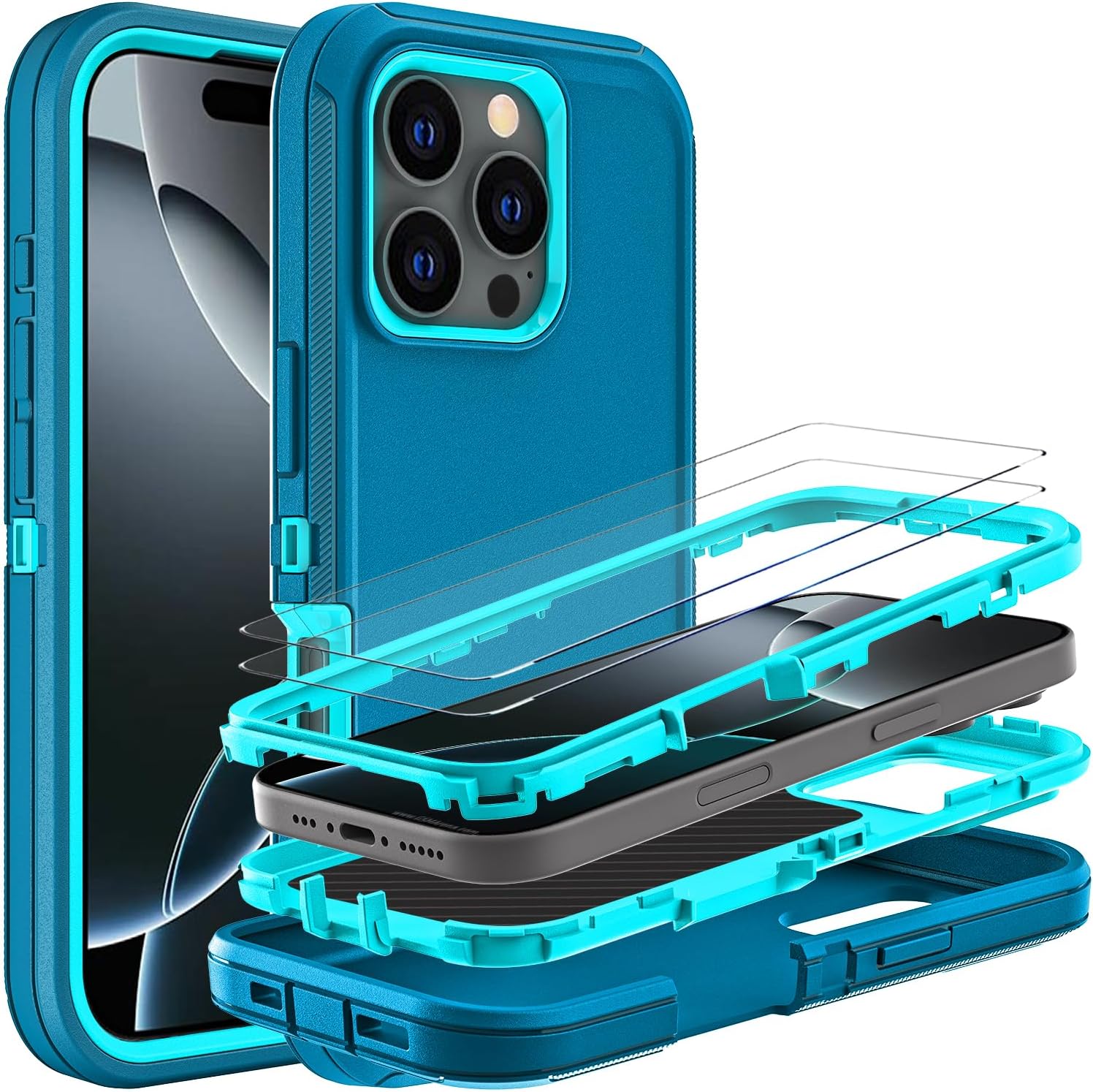 for iPhone 16 Pro Case, Military Grade 3 in 1 Heavy Duty Shockproof/Drop Proof/Dust Proof Case with 2Pcs Tempered Glass Screen Protector (Blue/Turquoise)