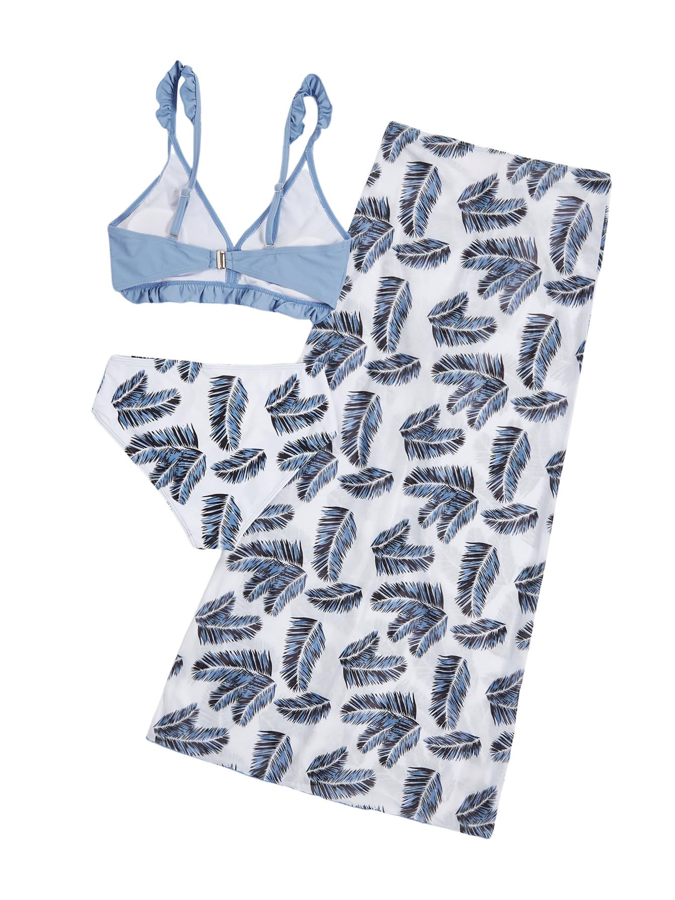 Verdusa Girl's 3 Piece Ruffle Trim Bathing Suit Bikini Swimsuits with Cover Up Skirt Dusty Blue 12Y