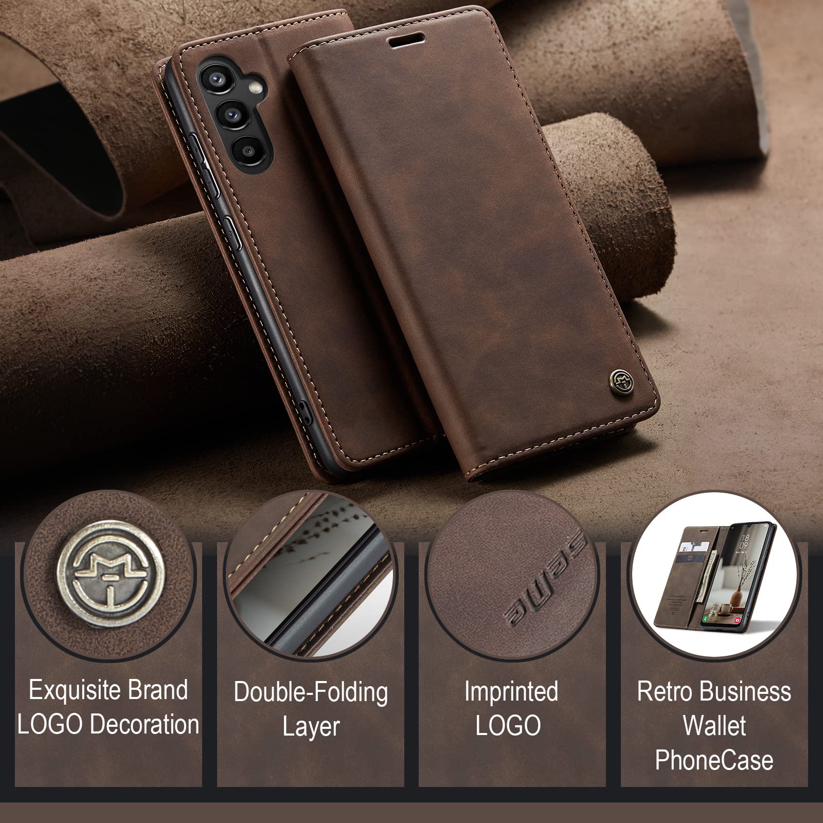 for Samsung Galaxy A34 5G Case, Flip Wallet Leather Case with Card Holder Magnetic Closure Shockproof Kickstand Protective Phone Cases Cover for Galaxy A34 6.6 Inch,Coffee — view 6
