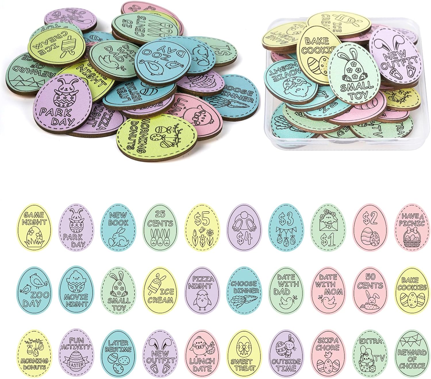Easter Egg Fillers,30 Pack Wooden Easter Egg Tokens for Kid,Easter Stufers with 30 Diffrent Engraved Sayings,Eater Filled Actity for Kids Teens Toddler Girls Boys(Egg)