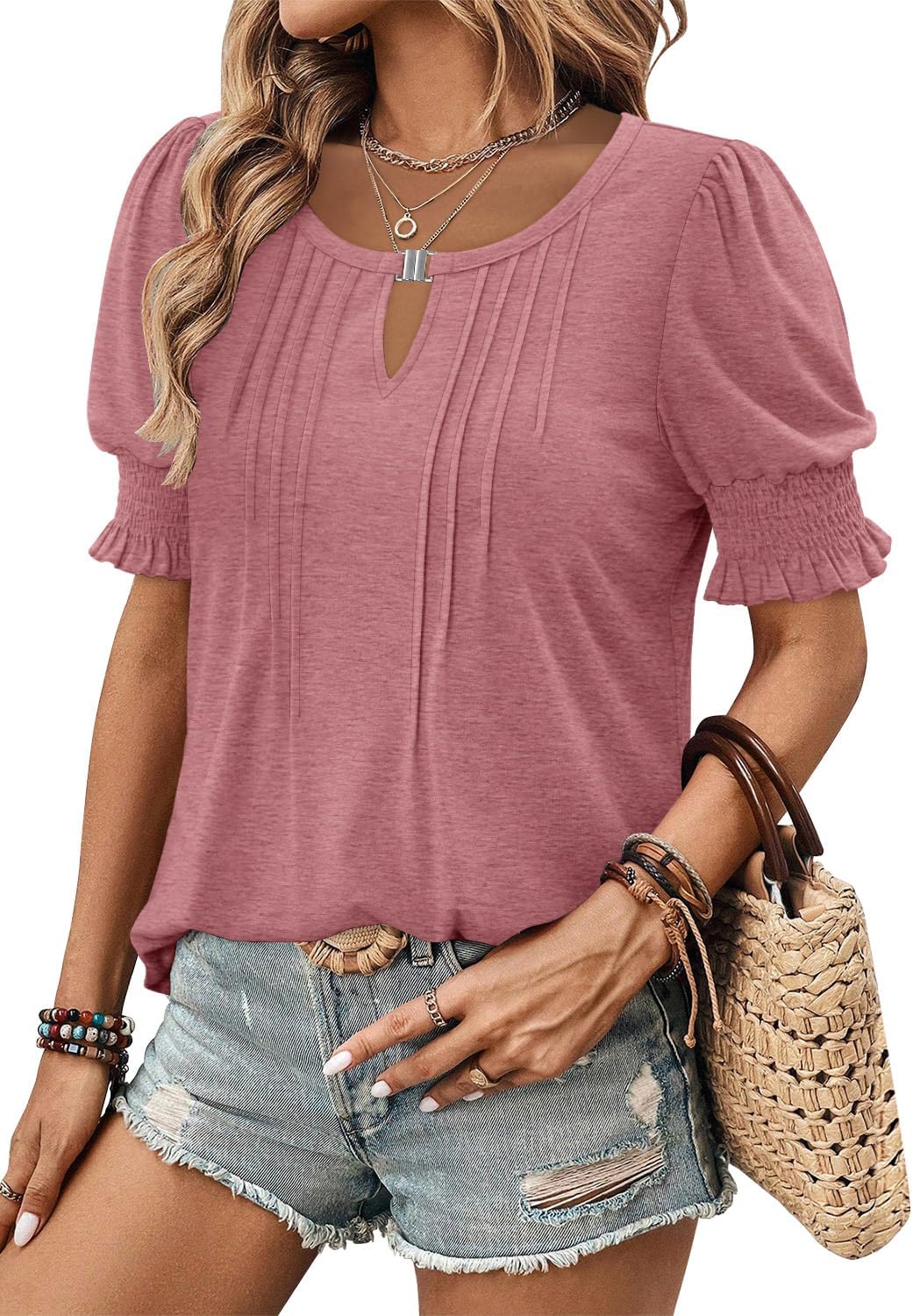 CRAZY GRID Women's Dressy Casual Top Puff Sleeve Summer Shirt Loose Trendy Pleated Blouse - Image 5