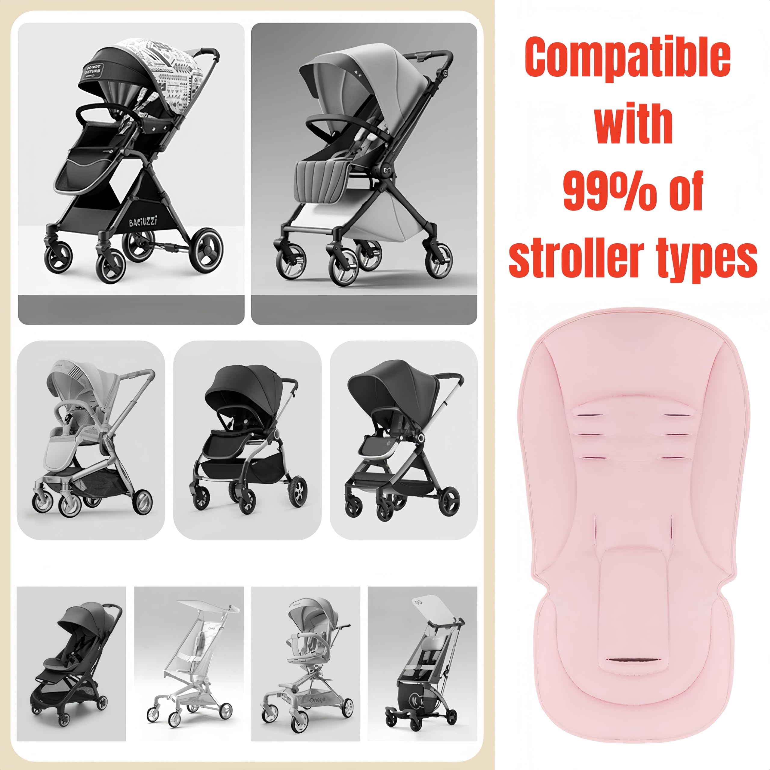 Buggy Sitzauflage aus Baumwolle, beidseitig verwendbar, universal für 99% Kinderwagen Modelle, atmungsaktiv & maschinenwaschbar, mit Rückenstütze (Pink)