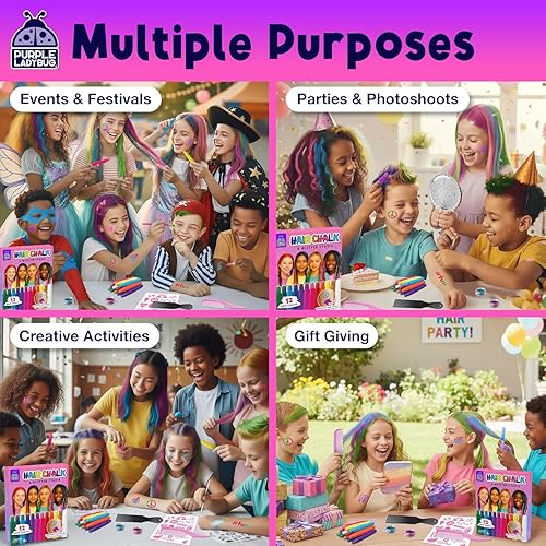 Miniatura 5 de PURPLE LADYBUG Tiza para el cabello de 12 colores para niñas, tinte lavable para el cabello, regalos de cumpleaños para niñas de 8 a 12 años, color