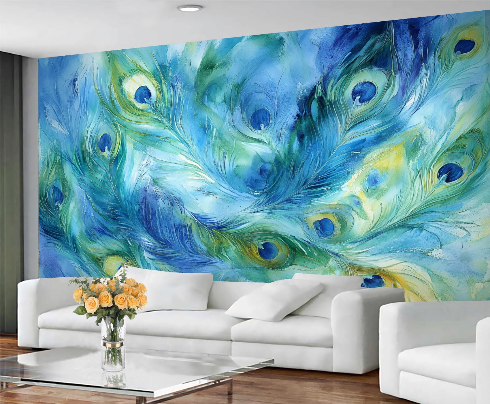 GIVLWF Turquoise Peacock Wallpaper, Peacock Feather Bedroom Wallpaper, Elegant Animal Wall Paper for Living Room, Not Self Adhesive Retro Bird Wall Mural, Exotic Large Mural & Room Decor