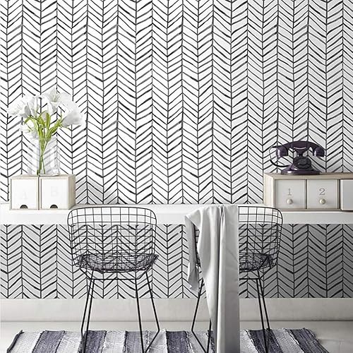 Miniatura 5 de Papel tapiz con patrón geométrico, diseño de rayas blancas y negras, papel tapiz decorativo extraíble para despegar y pegar, 17.7 x 236 pulgadas