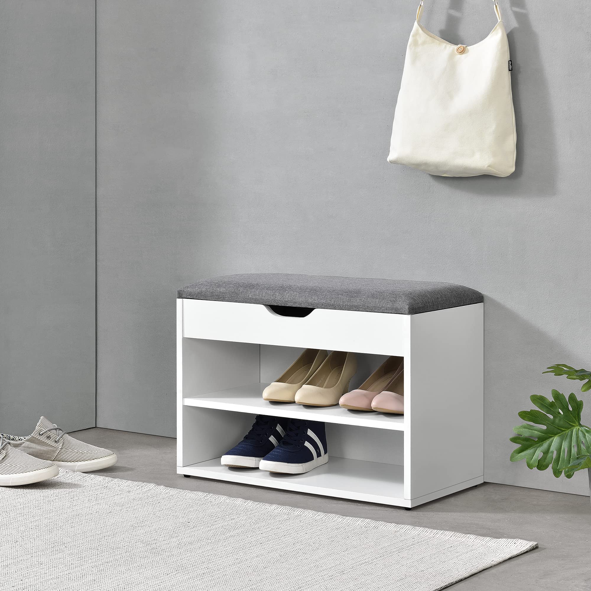 [en.casa] Panchina Portascarpe con Seduta Imbottita a Ribalta e Contenitore Interno Panca Scarpiera Salvaspazio con Scomparti Aperti per Ingresso 46x60x30 cm Bianco/Grigio