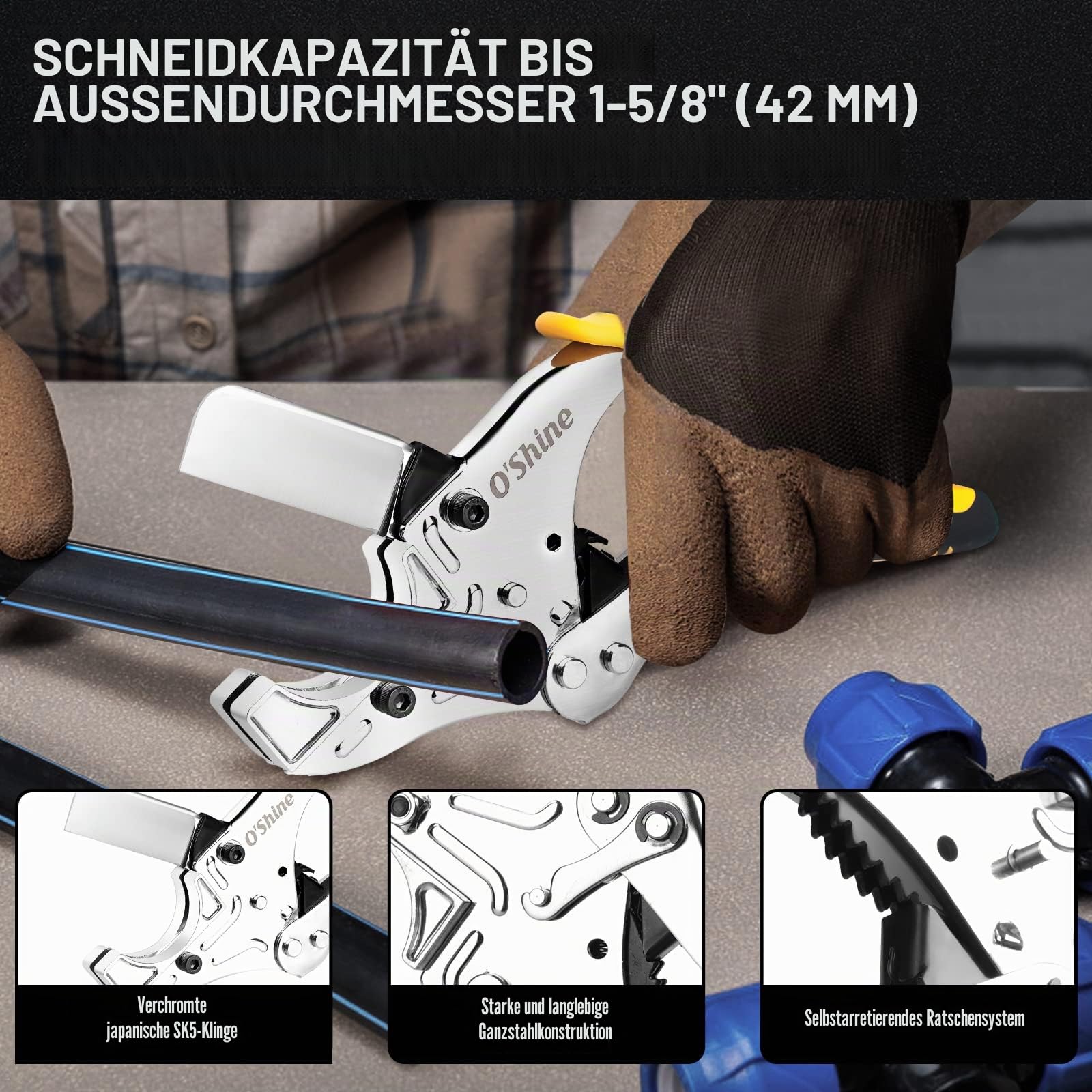 O’Shine PVC Rohrschneider bis 42 mm | Professionelle Ratschen-Rohrschere für PEX, PPR, Kunststoffrohre & Schläuche | Sanitär Werkzeug inkl. Ersatzklinge & Inbusschlüssel