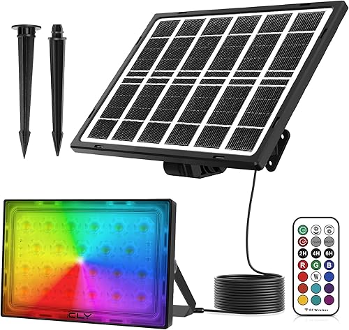 CLY Luces solares para exteriores, luz de inundación RGB que cambia de color con control remoto, IP66 resistente al agua 12 colores 6 brillo luces
