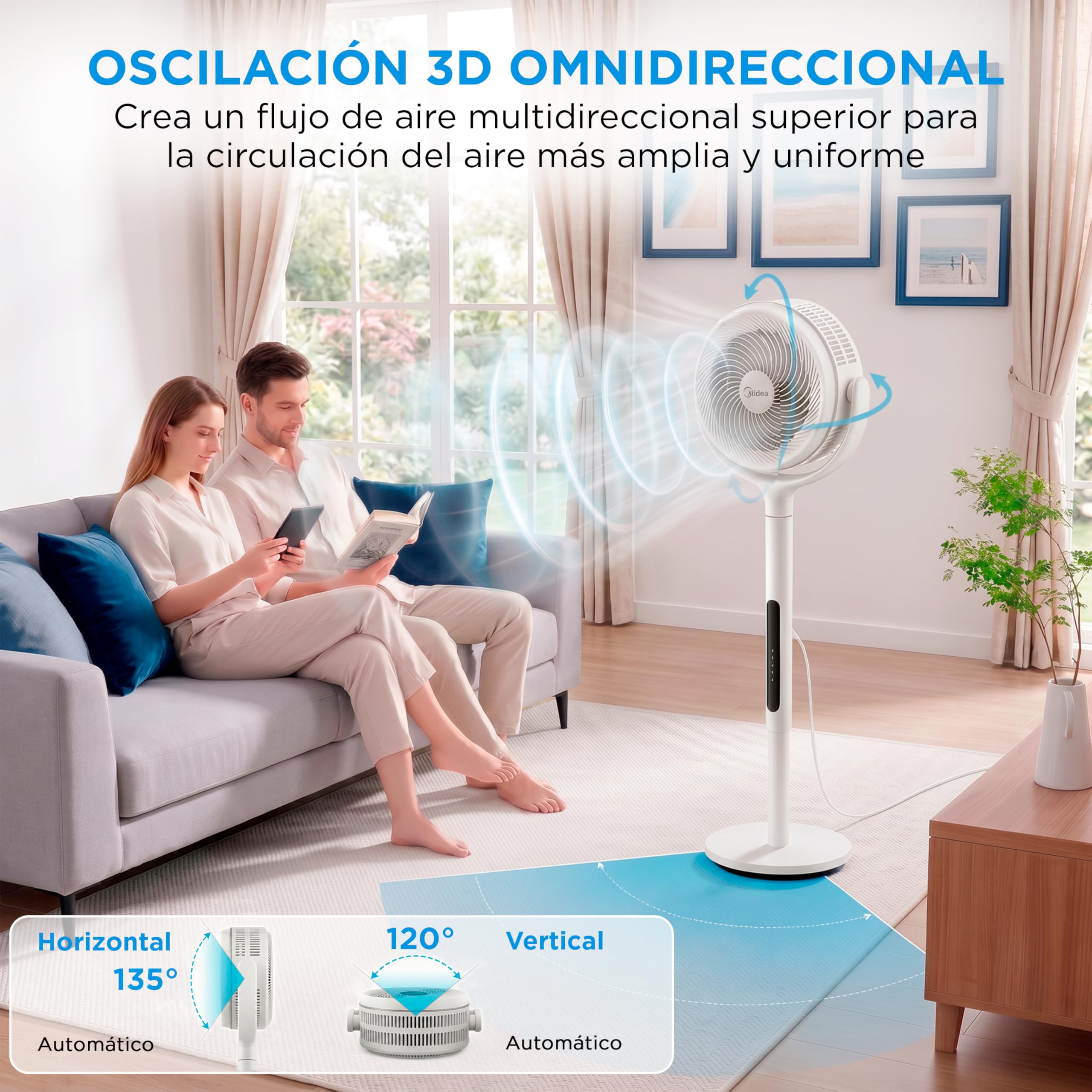 Midea Ventilador de Pie de 12 Velocidades con Mando a Distancia - Ventilador Silencioso con Oscilación 120º + 135º y Altura Regulable - Temporizador, Filtro, Doble Aspa, y 3 Modos - Alcance hasta 24 m
