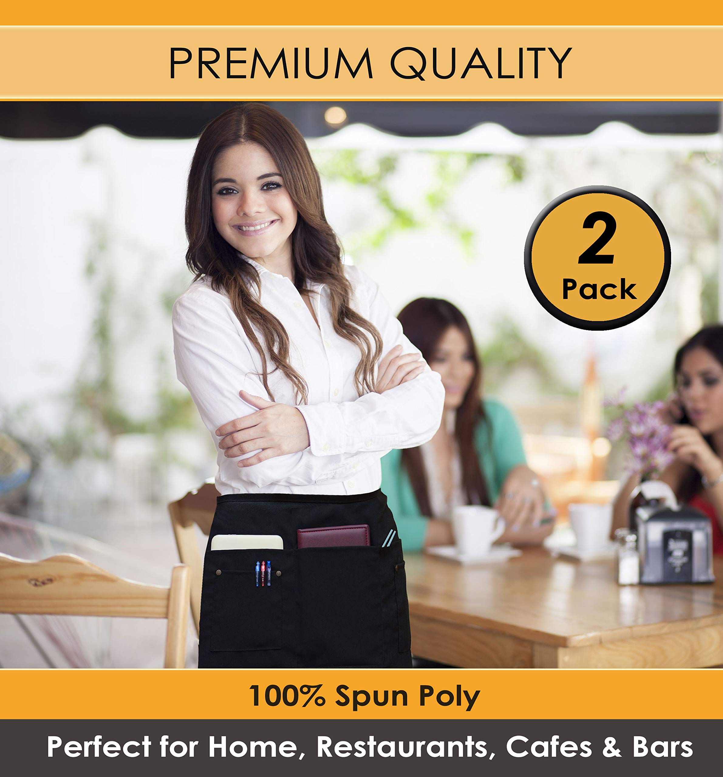 Brtex Delantales de servidor con 5 bolsillos (paquete de 2) – Delantales de cintura negros de grado comercial para mujeres y hombres – Delantal de restaurante, cafetería, bar, hogar y cocina, 24 x 12