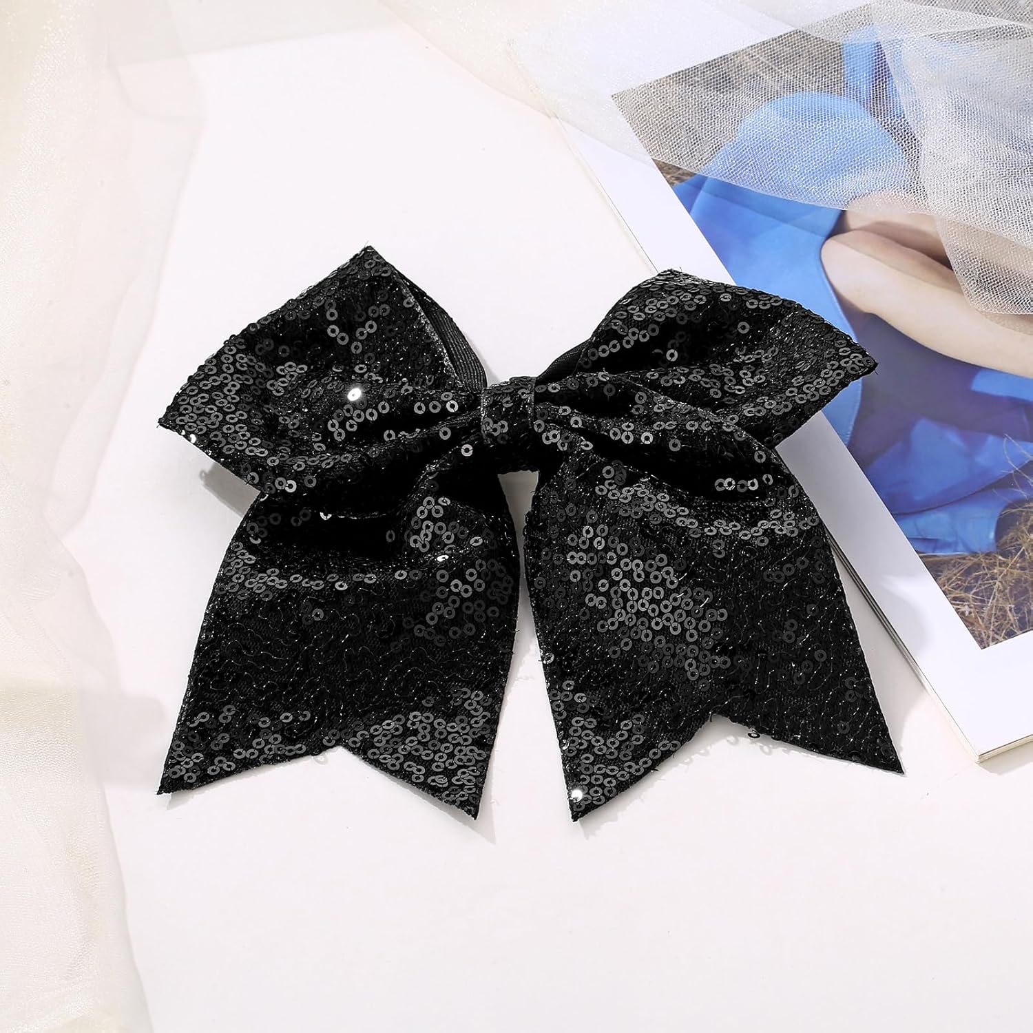 Large Glitter Cheer Bows Clips, Jumbo Big 7 Inch Cheerleading Sequin Hair Bow Hair Accessories for Teens Girls Football Sports Cheerleader Outfit Uniform (Black) - Image 4