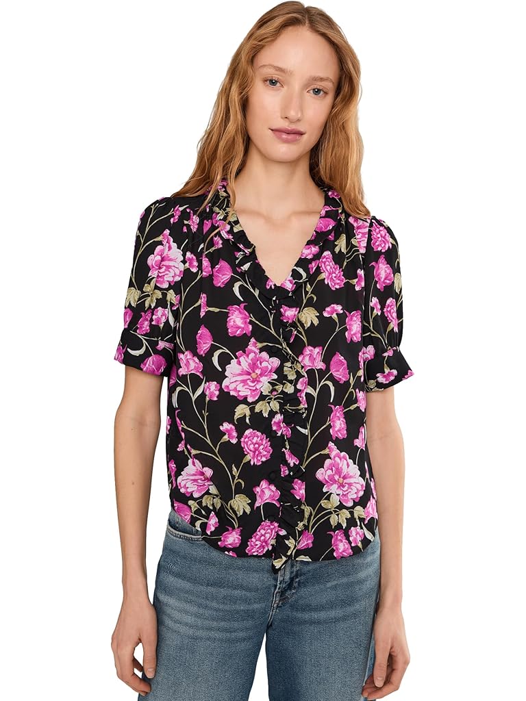 Black CeCe Floral Ruffled Front V-neck Top