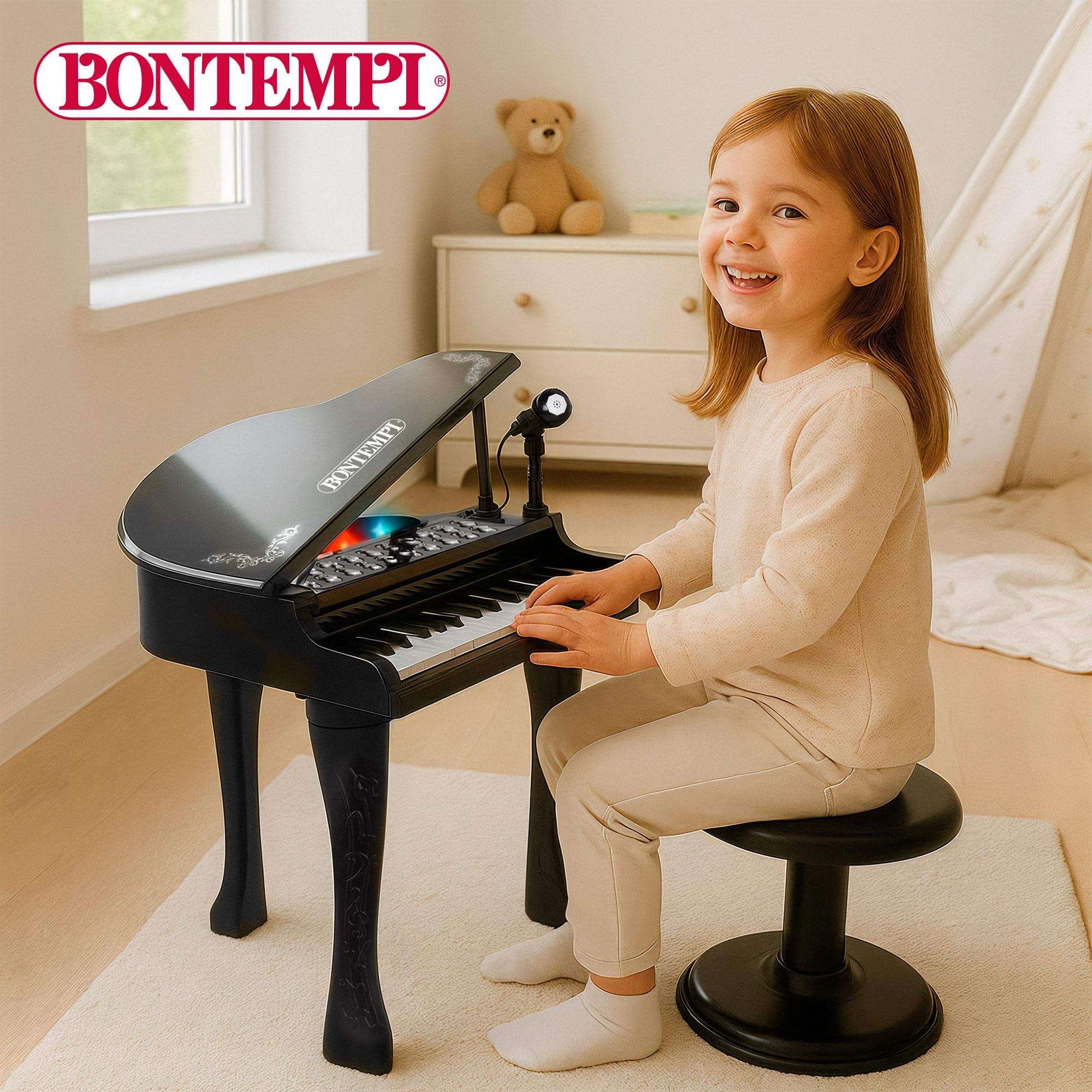 ColorBaby Bontempi Piano Infantil de Cola con 32 Teclas, Micrófono, Taburete, Luces, guía de Colores, grabación, Reproducción, Entrada Auxiliar, Estructura Estable, 40x46x62 cm, Desde 3 años (39217)