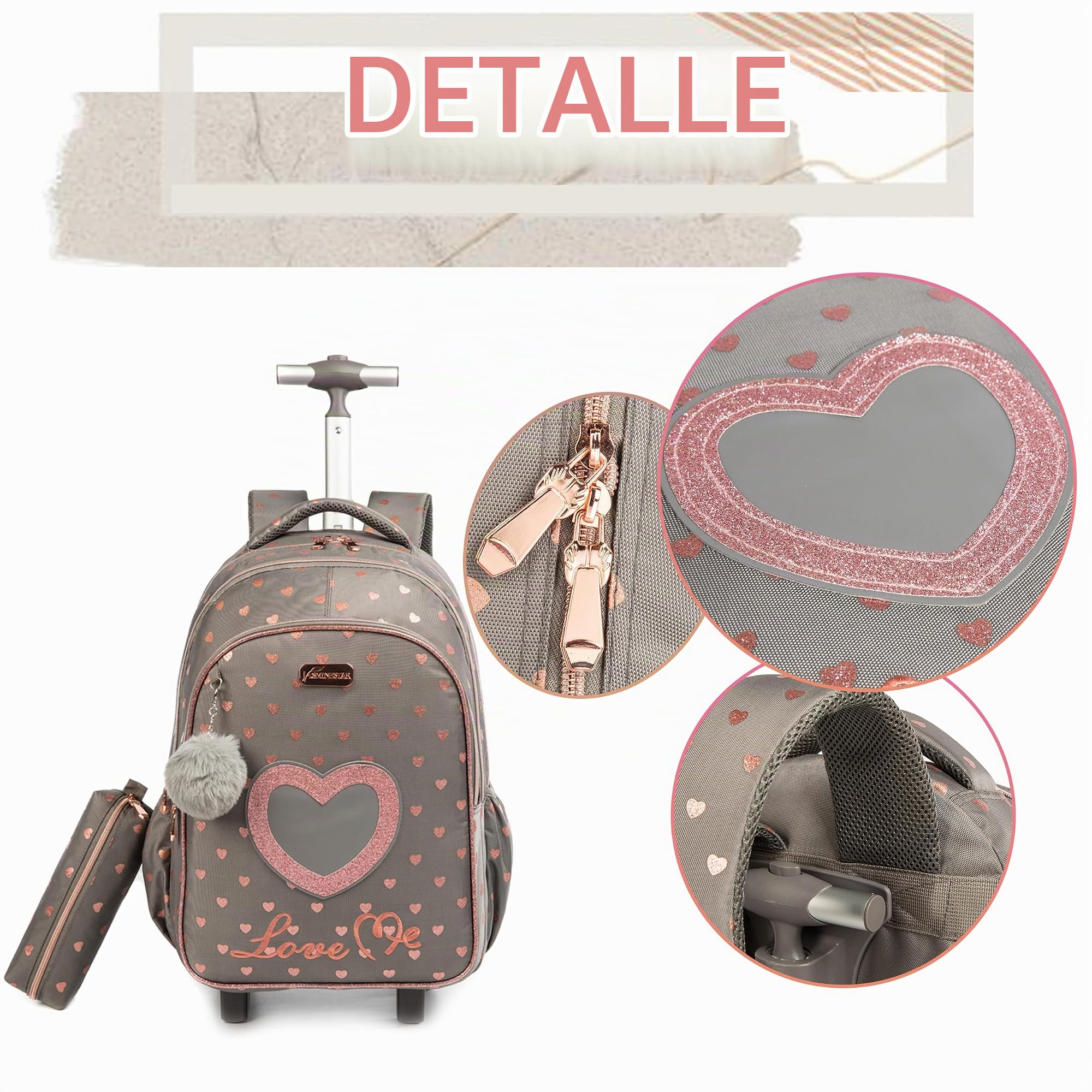 HTgroce Mochilas Escolares Niña con Ruedas, Mochilas Trolley Escolares con Bolsa de almuerzo Estuche escolar