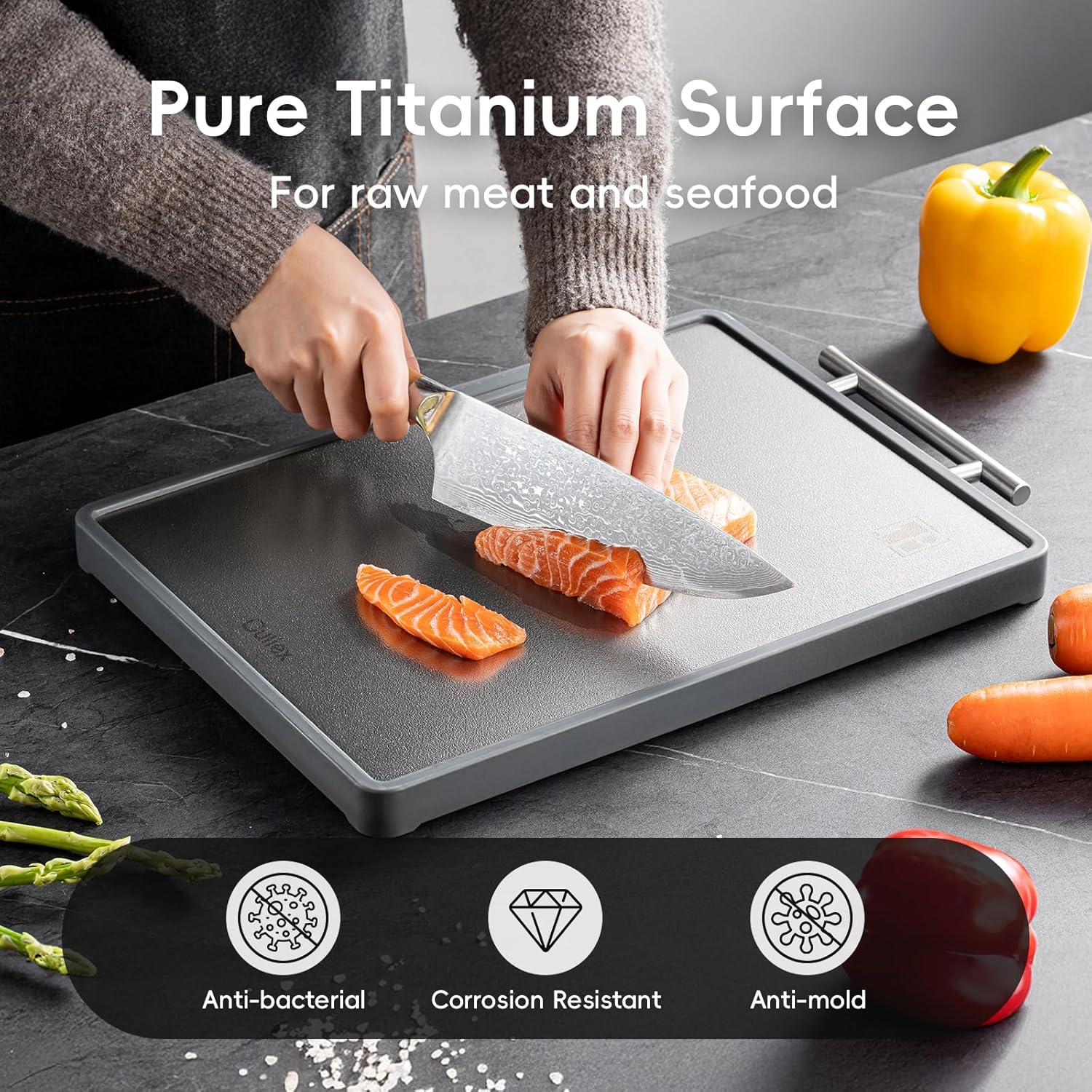 Titanium Cutting Board, Double Sided Pure Titanium and Wood Fiber Cutting Board with Juice Groove, Non Toxic, BPA Free, Dishwasher Safe, Food Grade Material for Meat, Vegetable, Fruit,