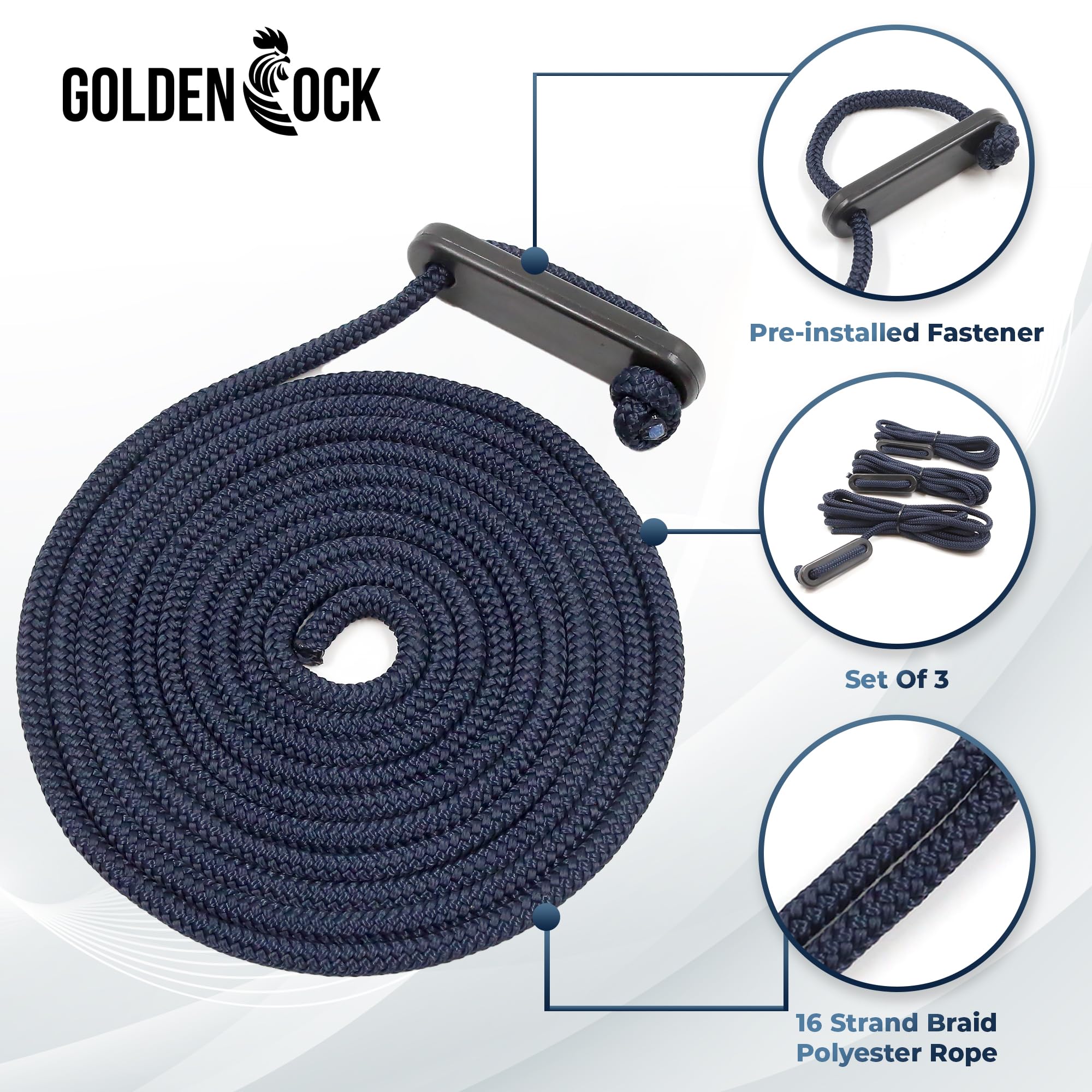GOLDEN COCK 3PC - Polyester Navy Blue Guy Lines 6mm Tent Cords with Plastic Adjuster Tensioner for Tent, Tying Down Tarps, Camping
