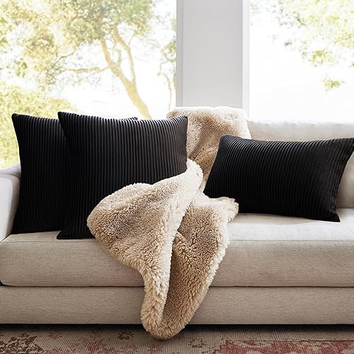 Miniatura 4 de YCOLL Juego de 2 fundas de almohada negras de 24 x 24 pulgadas, patrón de rayas de terciopelo, almohadas suaves para decoración del hogar, fundas de