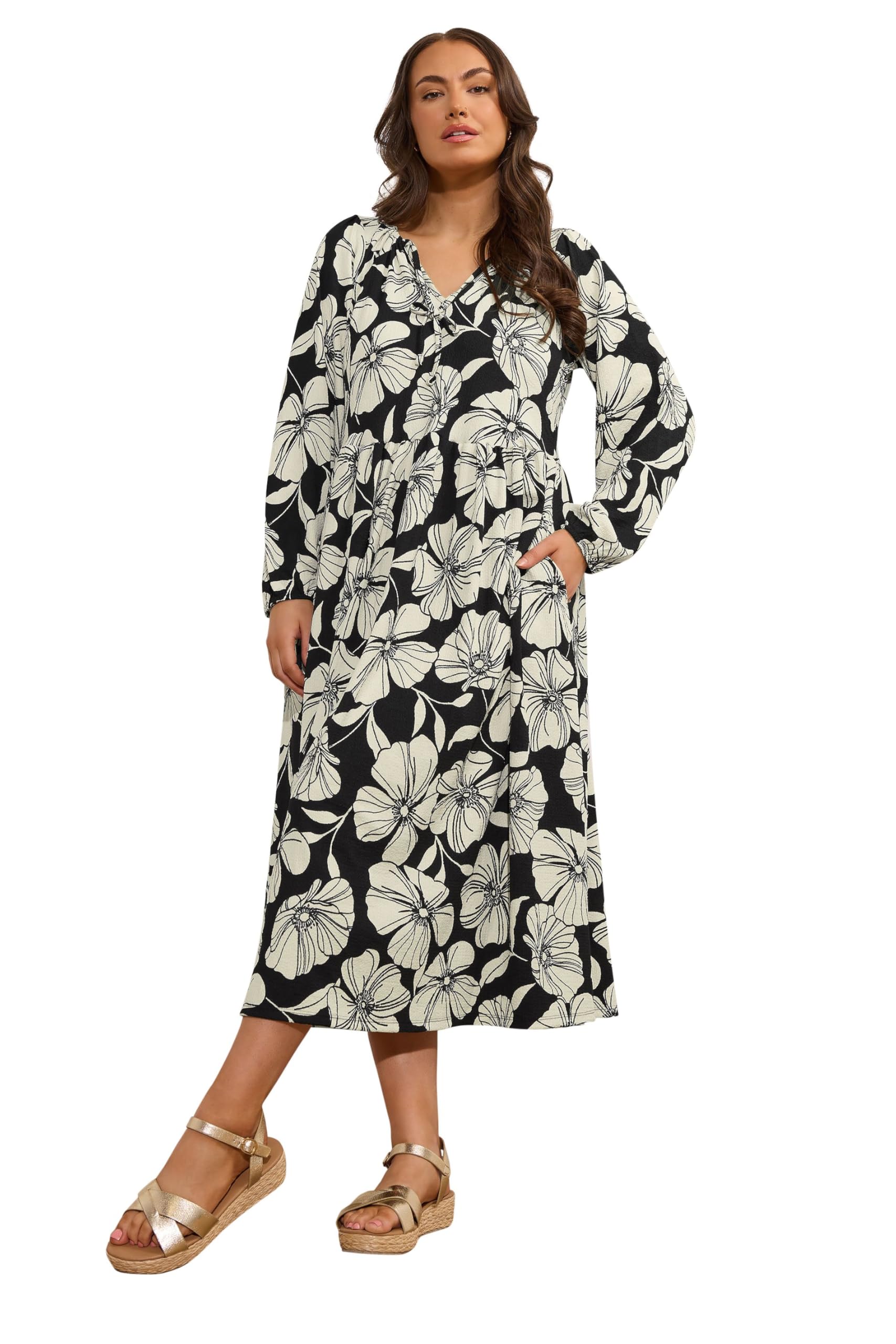 EVANS Curve Contrast Floral Jersey Crepe Dress - Women's - Plus Size Curve Black