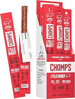 Chomps Grass-Fed and Finished Original Beef Jerky Snack Sticks 24-Pack, Keto, Paleo, Whole30, 10g Protein, Gluten-Free